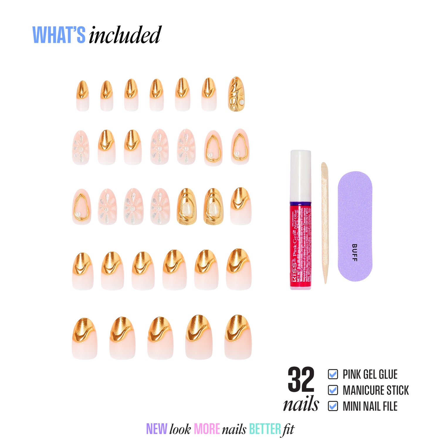 32 gold and pink press-on nails with gel glue, manicure stick, and file included.