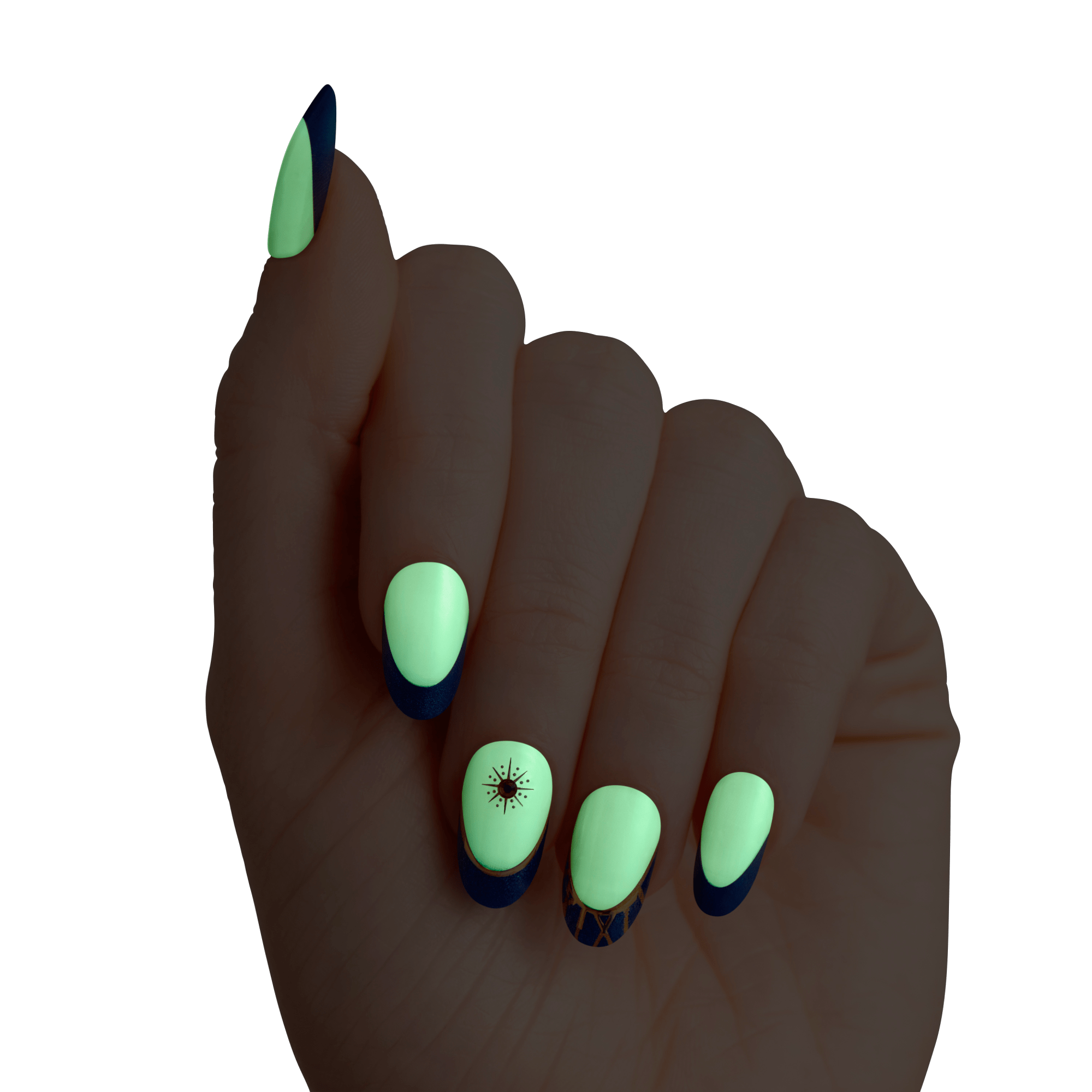 Hand with mint green nails featuring dark blue tips and decorative designs.