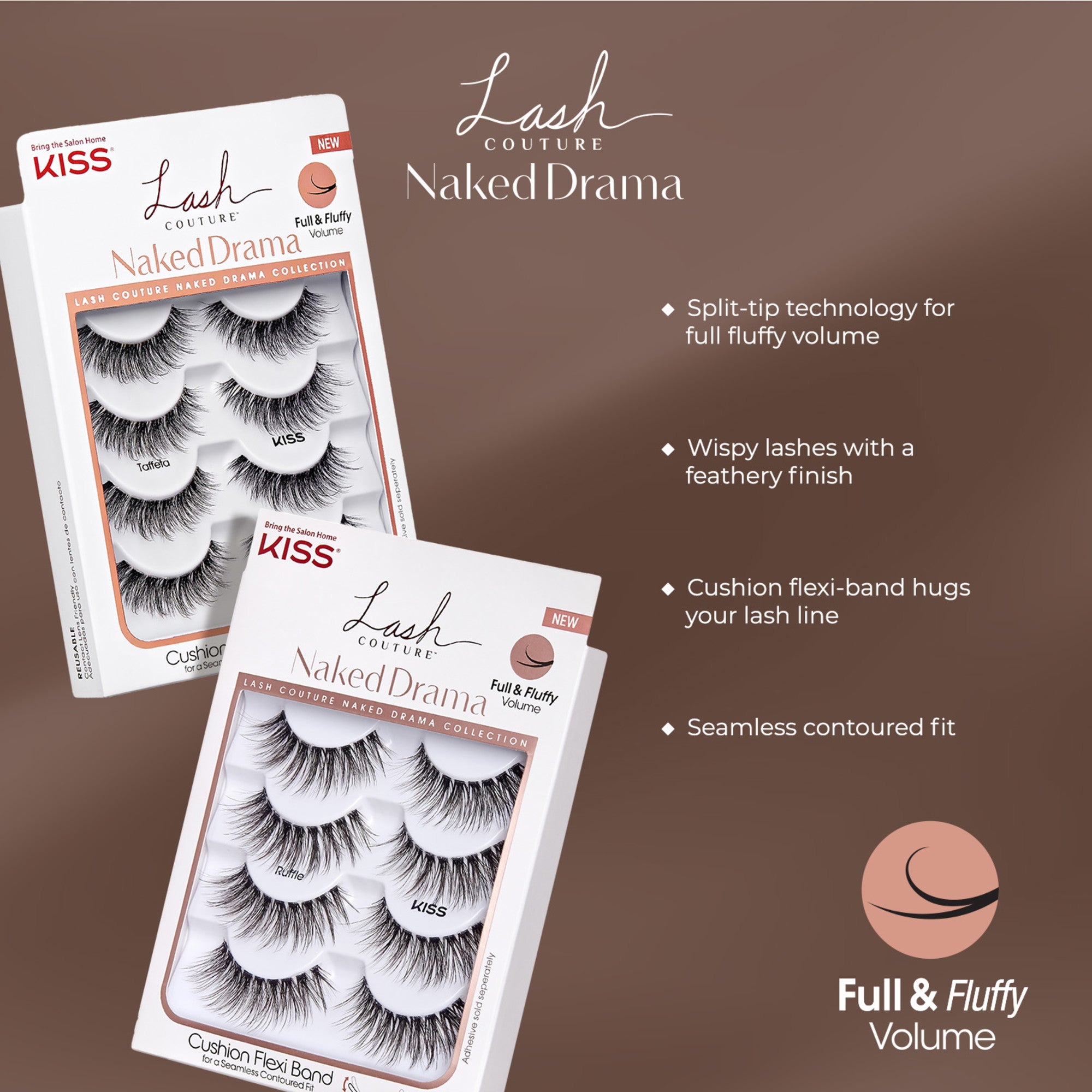Two white rectangular boxes of KISS Lash Couture Naked Drama false eyelashes multipacks, showing styles Taffeta and Ruffle, with key features: split-tip technology, wispy feathery lashes, cushion flexi-band for seamless fit, and full &amp; fluffy volume.