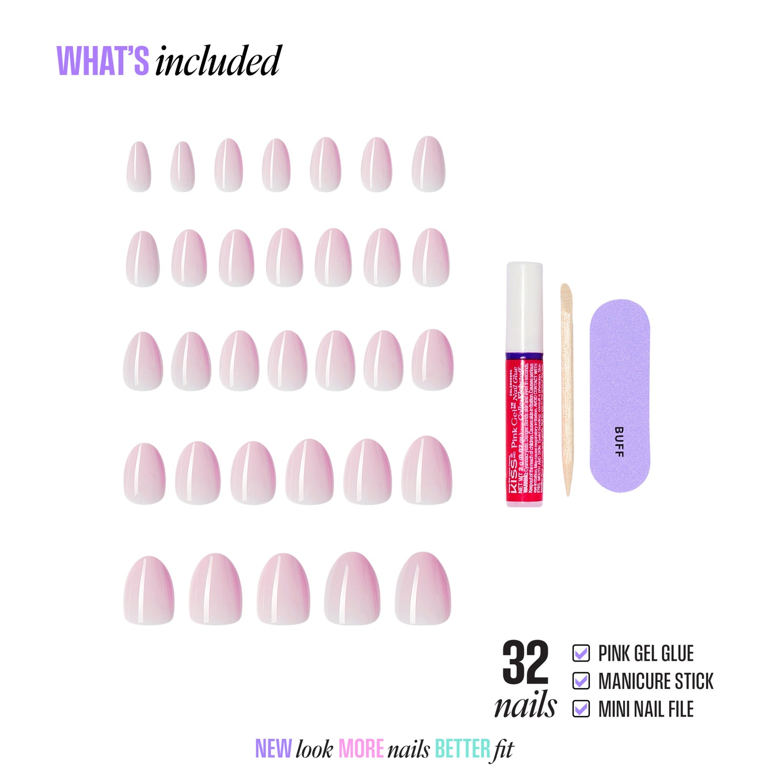 32-piece pink gel press-on nail set with glue, manicure stick, and file.