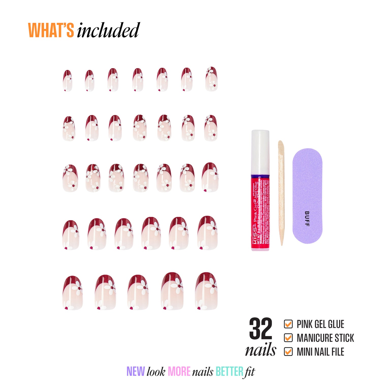 BUFF press-on nails kit with 32 nails, gel glue, manicure stick, and nail file.