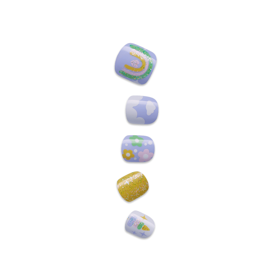 Five press-on nails for kids displayed vertically, featuring pastel designs: a rainbow with glitter, white clouds on blue, colorful flowers, gold glitter, and a sparkling unicorn horn with stars.