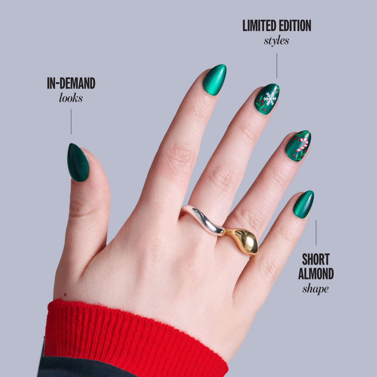 Kiss Merry Holiday Press On Fake Glue Nails Almond - Gifted Glam | Design, Green, Short, Almond