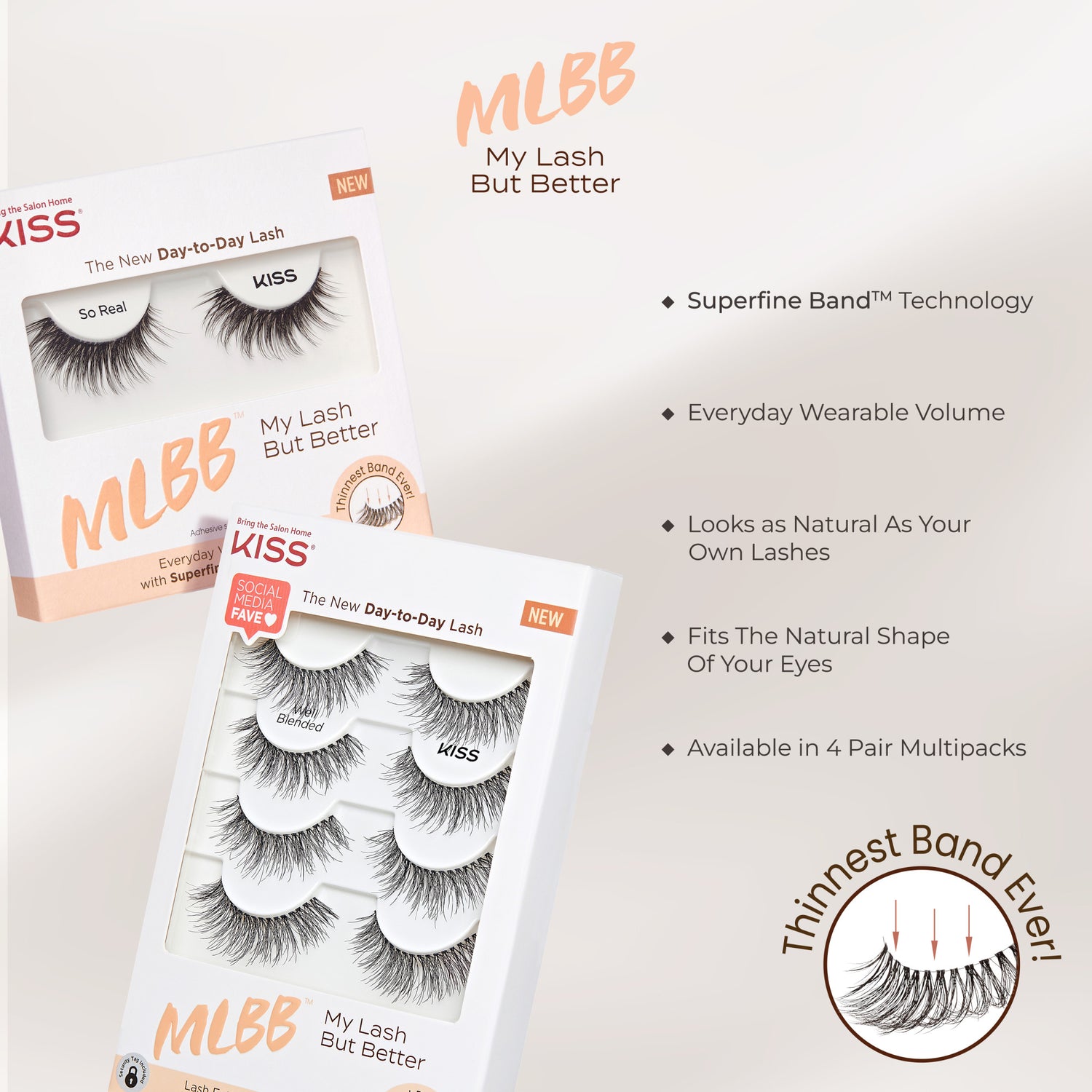 Two white boxes of KISS My Lash But Better lashes: one with a single pair labeled \