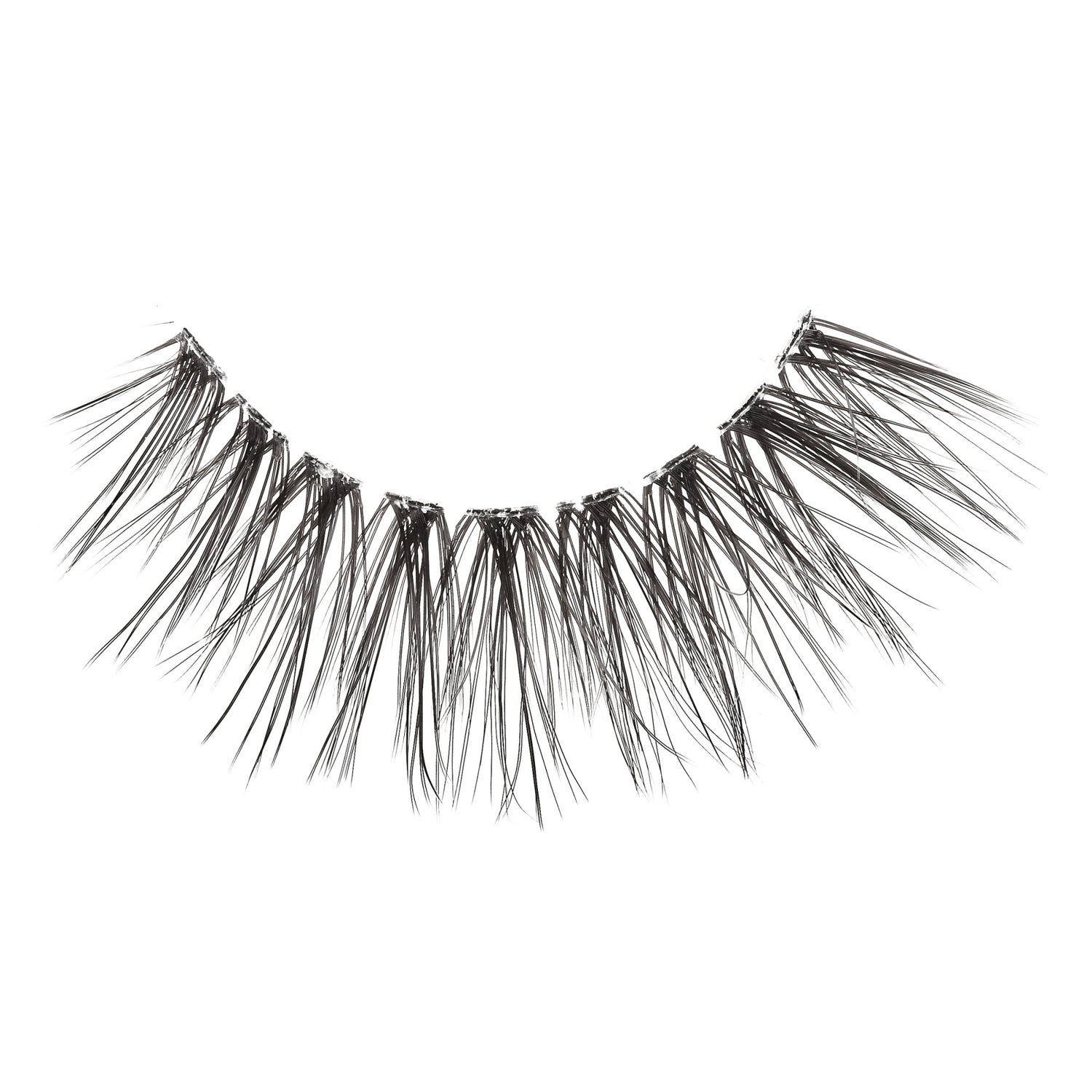 Single black false eyelash strip with a natural, wispy style featuring separated, ruffled clusters for a dramatic yet lightweight look on a white background.