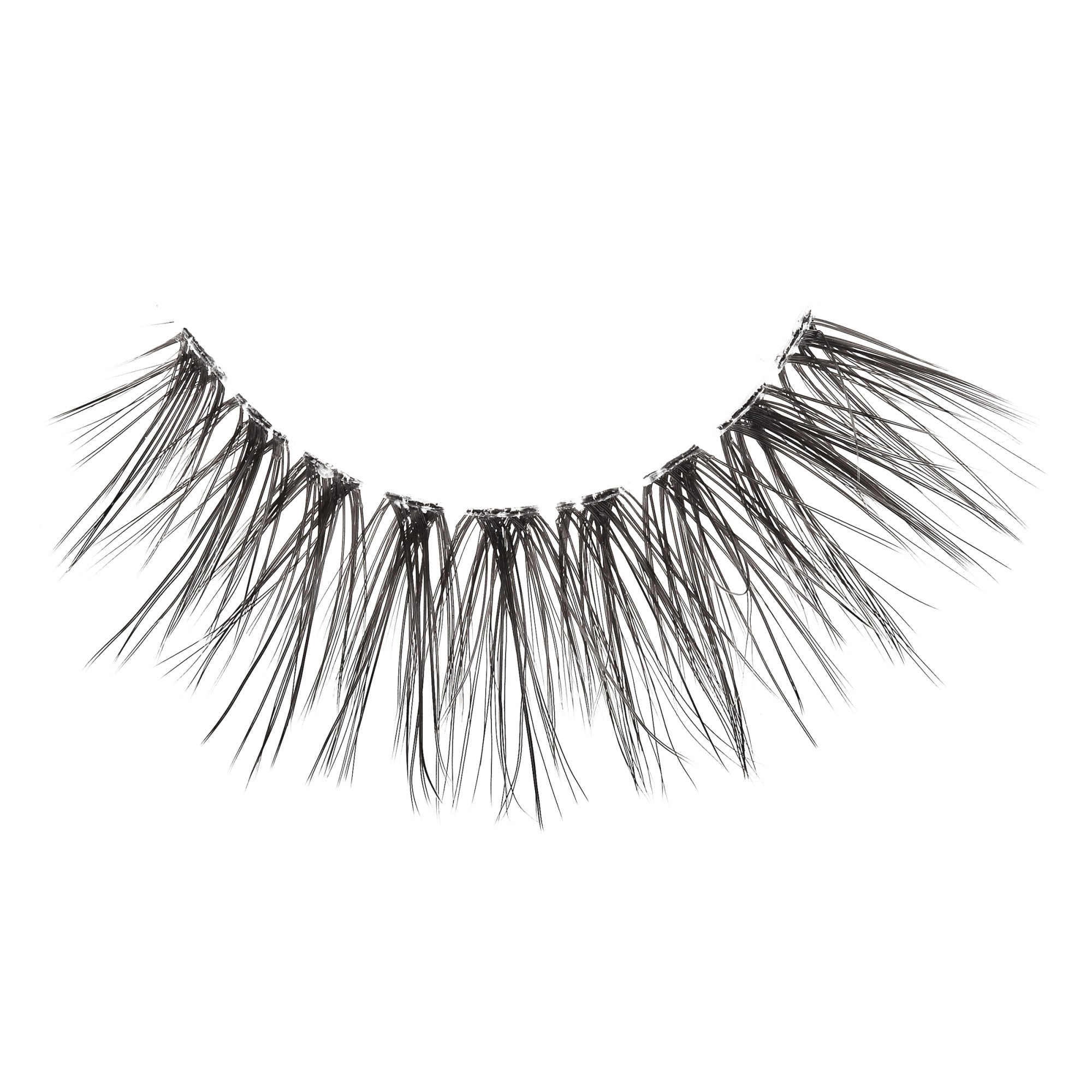 Single black false eyelash strip with a natural, wispy style featuring separated, ruffled clusters for a dramatic yet lightweight look on a white background.