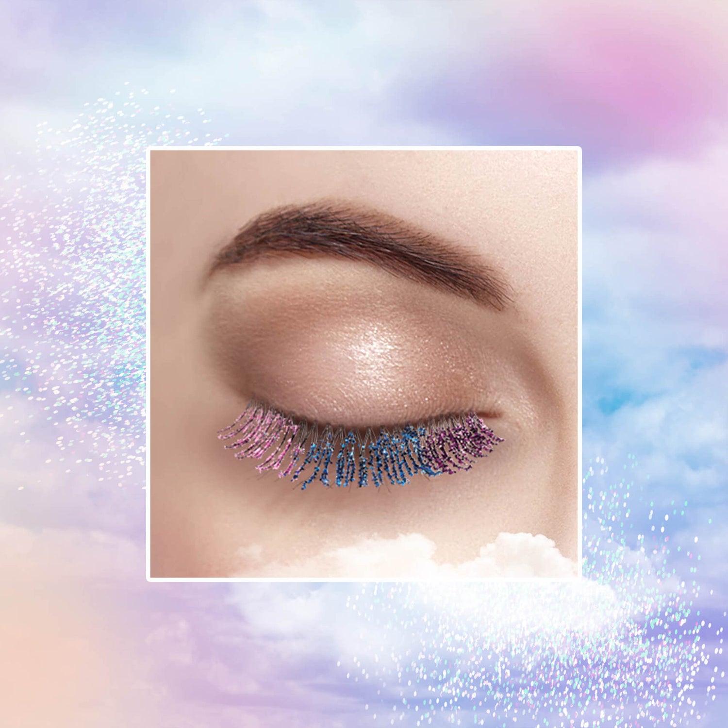 Closed eye wearing CLOUD NINE Glitter Paradise Halloween Lashes 04 Jules, featuring long lashes with pink, blue, and purple glitter accents.