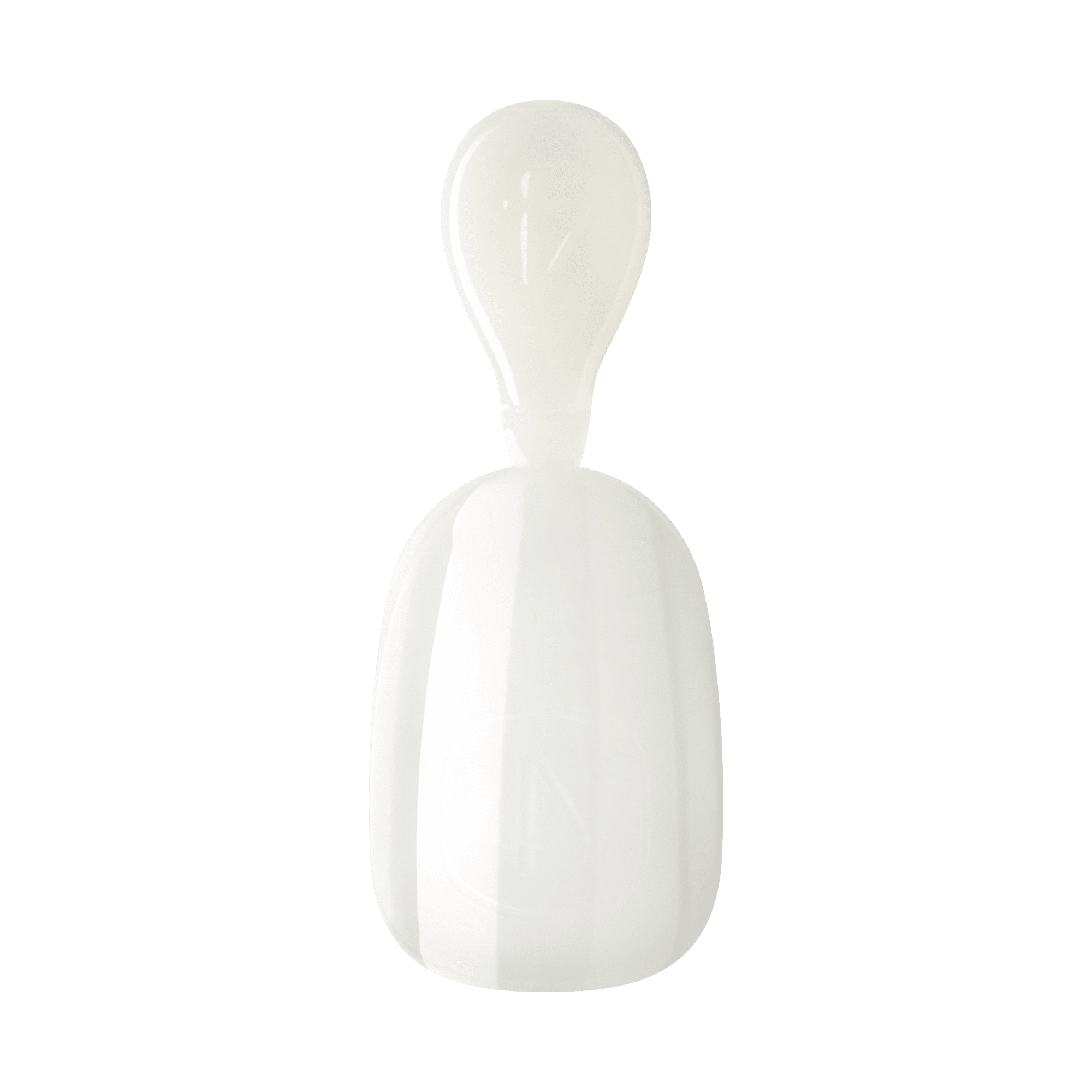 Glossy, solid white press-on gel nail from KISS Salon X-tend Color, shown on clear plastic nail display tip.
