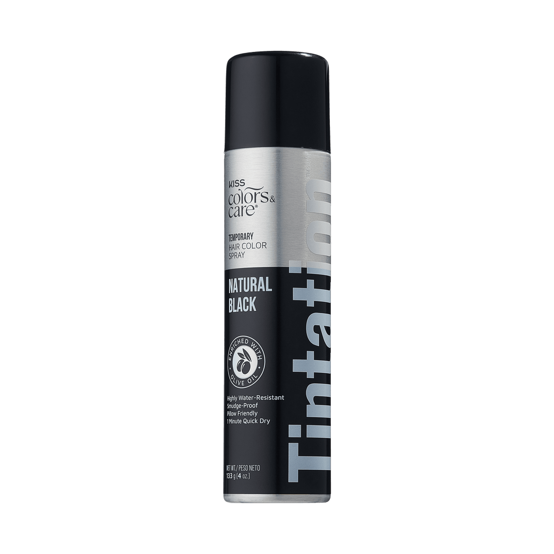 KISS Colors &amp; Care temporary hair color spray in natural black, silver and black can with black cap, claims water-resistant, smudge-proof, pillow friendly, quick-dry.