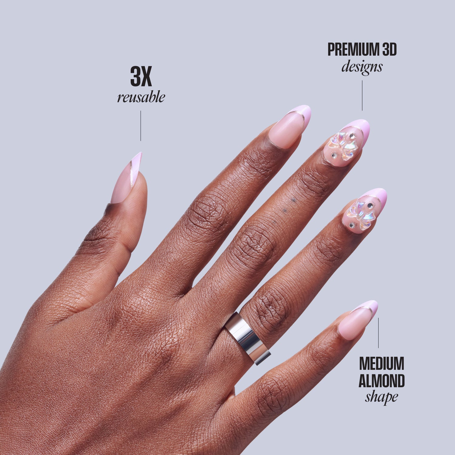 Pink press-on nails: 3X reusable, medium almond shape, premium 3D designs.