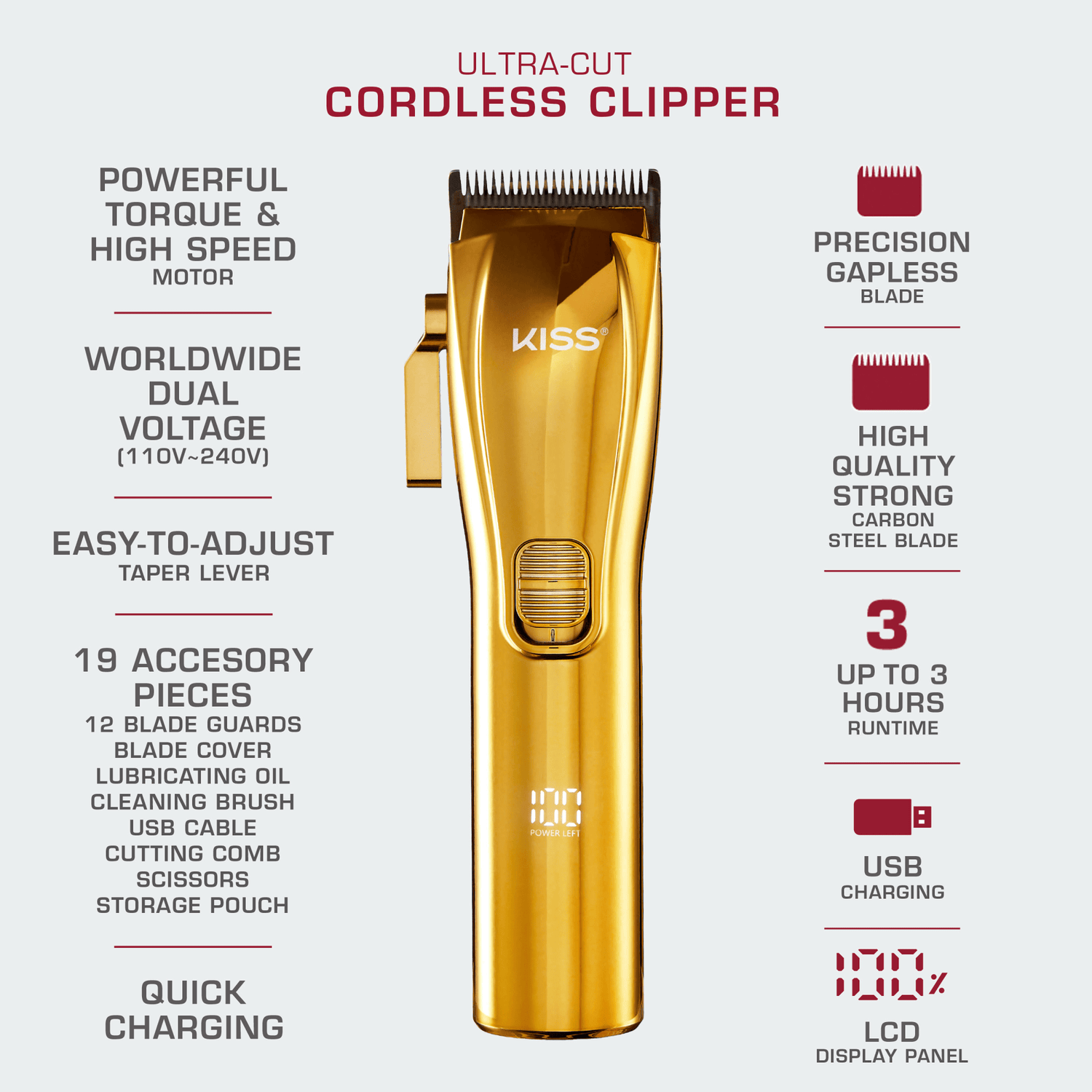 Gold cordless hair clipper with KISS branding, LCD power display, adjustable taper lever, and features like precision gapless blade, USB charging, and up to 3 hours runtime.