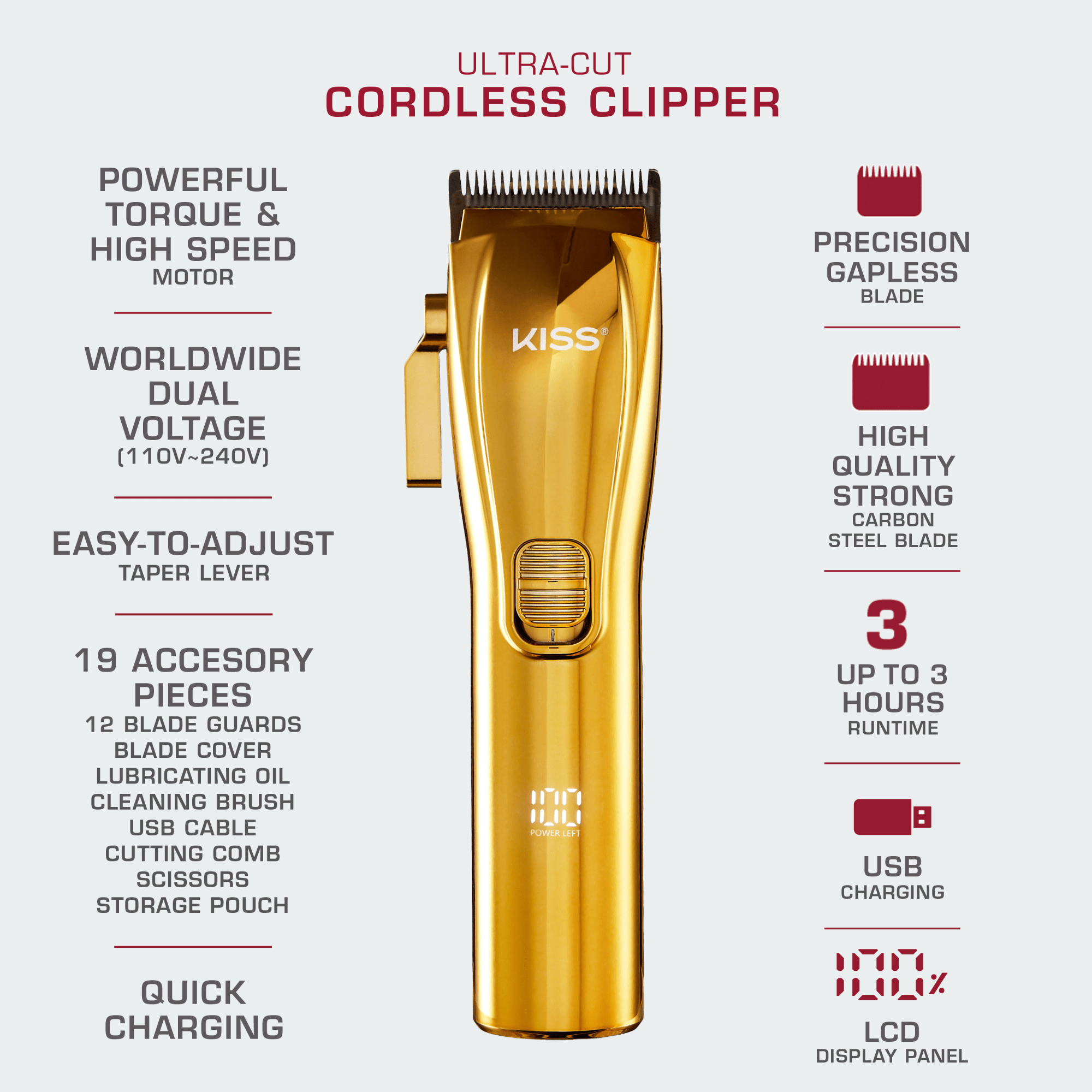Gold cordless hair clipper with KISS branding, LCD power display, adjustable taper lever, and features like precision gapless blade, USB charging, and up to 3 hours runtime.