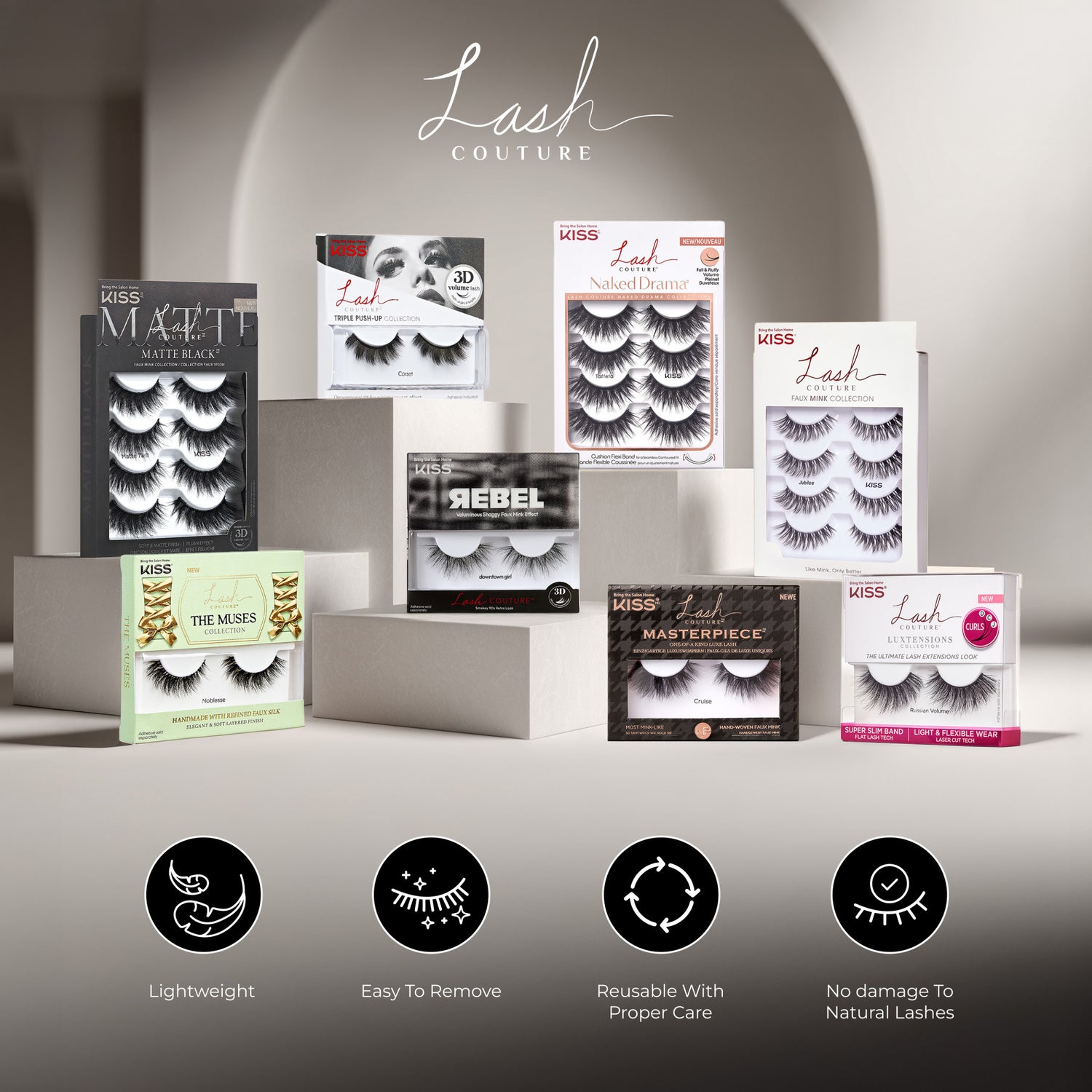 Various styles of Kiss Lash Couture false eyelashes displayed on blocks against a neutral background. Text below highlights features: lightweight, easy to remove, reusable with care, no damage to natural lashes.