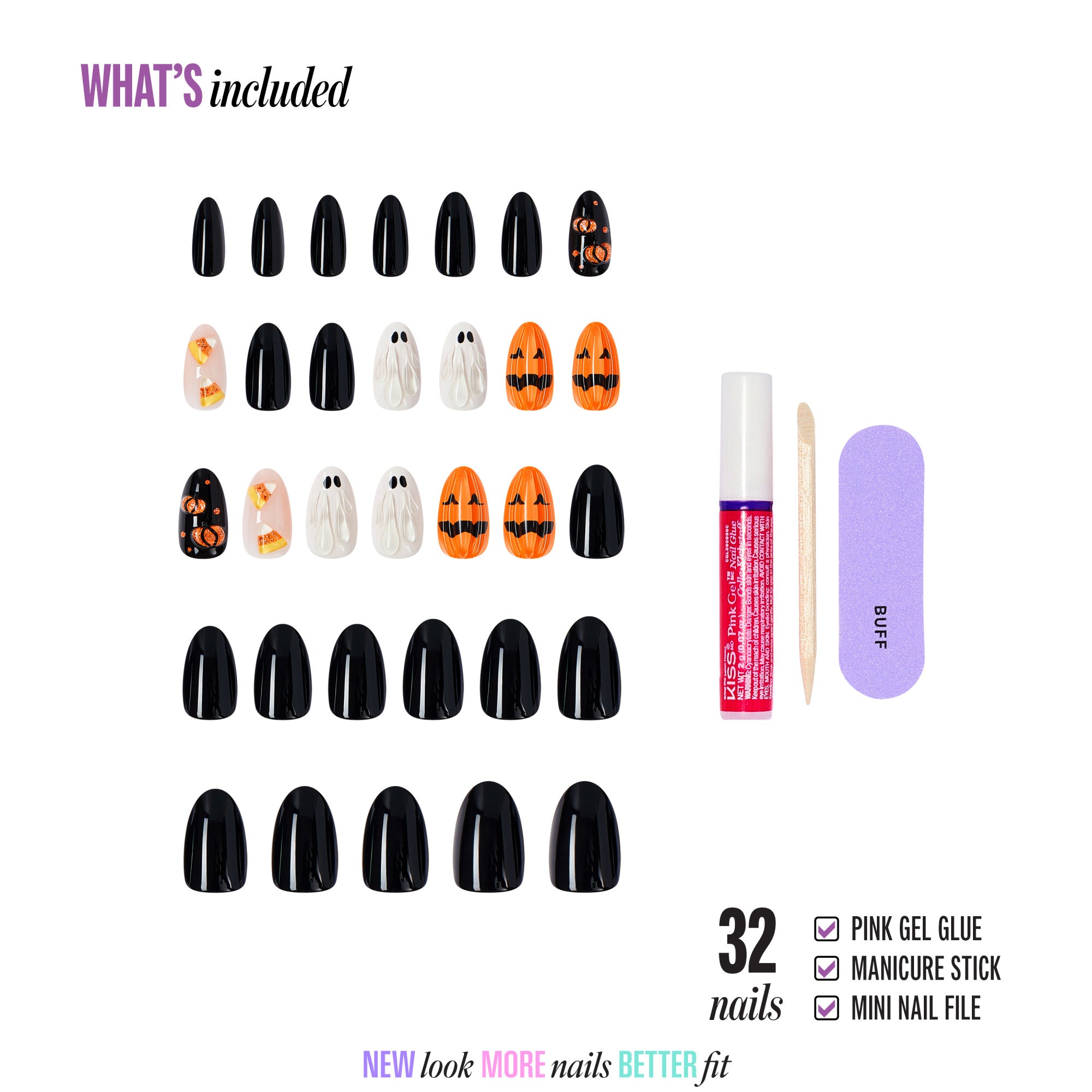 Kiss Haunt Halloween Press On Fake Glue Nails - Witching Hour | Design, Orange, Medium, Almond, Glow In The Dark