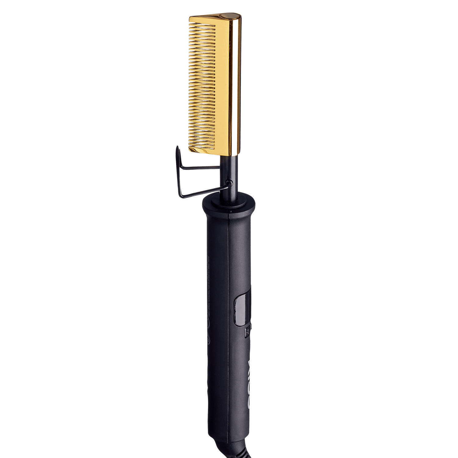 Black handheld electric pressing comb with a gold metal comb head and a safety guard on a plain background.