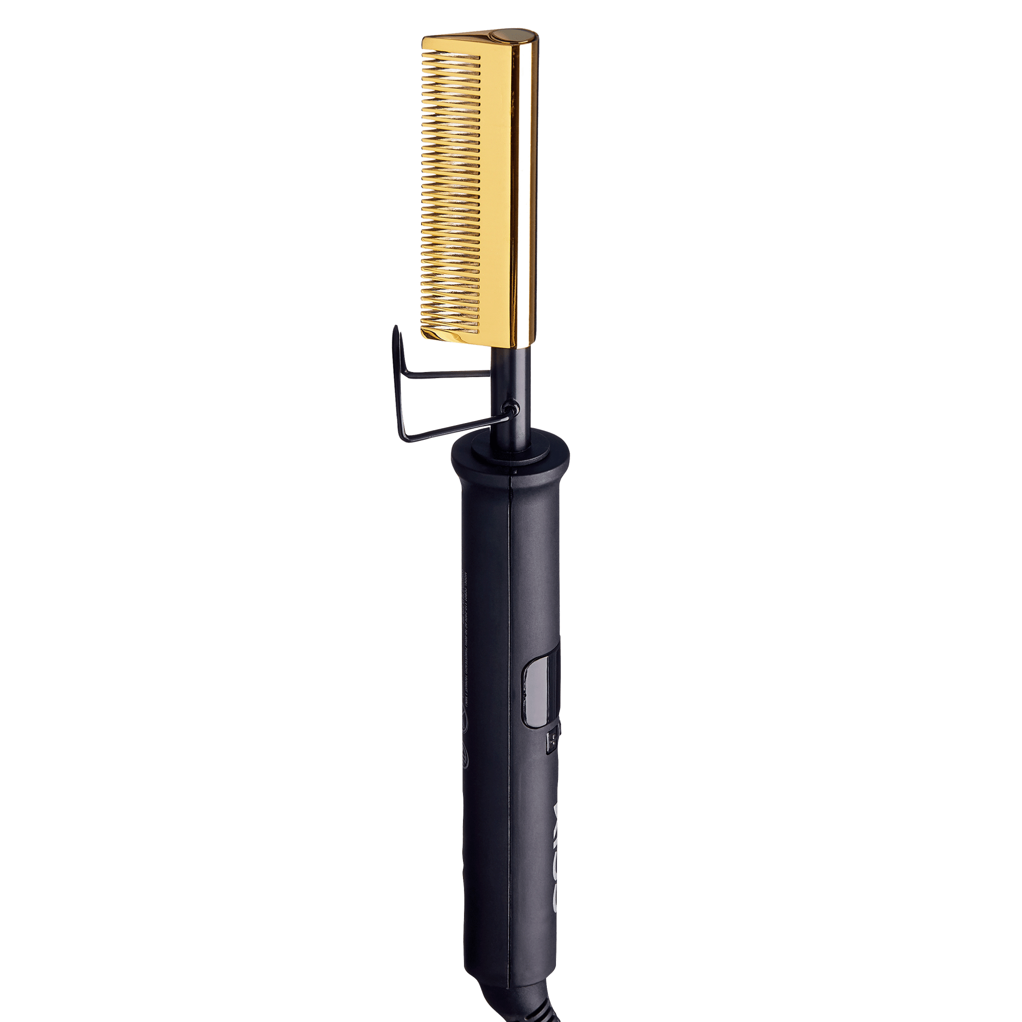 Black handheld electric pressing comb with a gold metal comb head and a safety guard on a plain background.