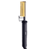 Black handheld electric pressing comb with a gold metal comb head and a safety guard on a plain background.