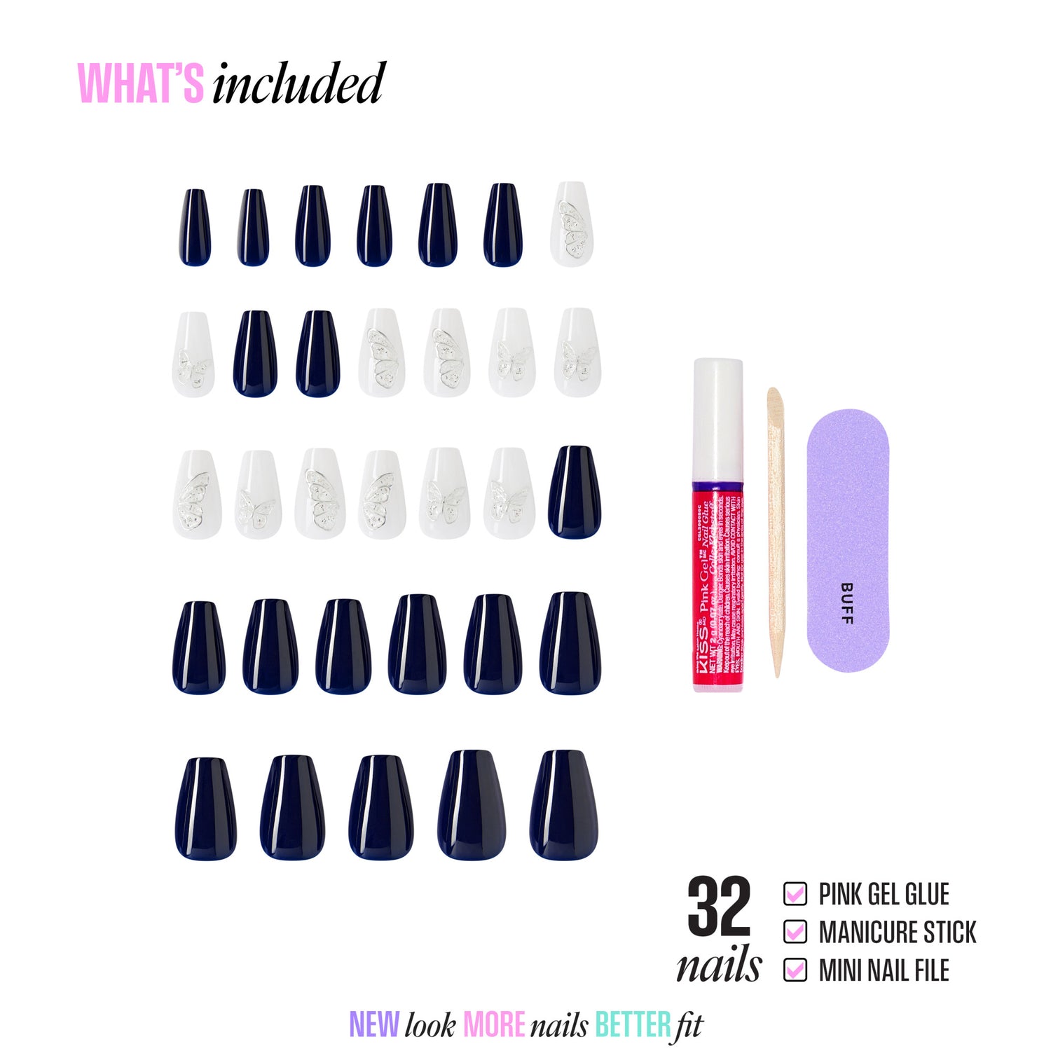32-piece press-on nail set with navy, white nails, gel glue, manicure stick, nail file.