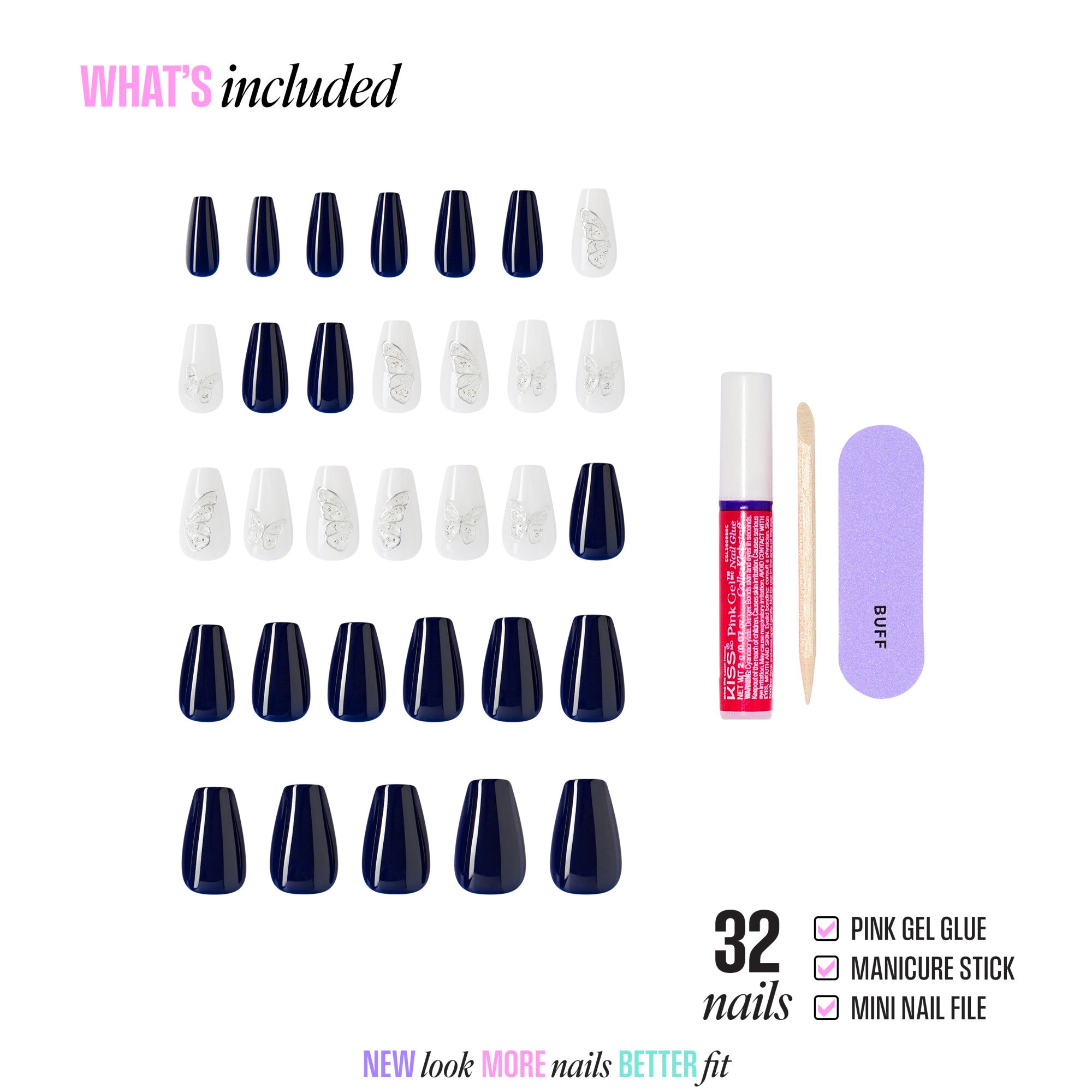 32-piece press-on nail set with navy, white nails, gel glue, manicure stick, nail file.