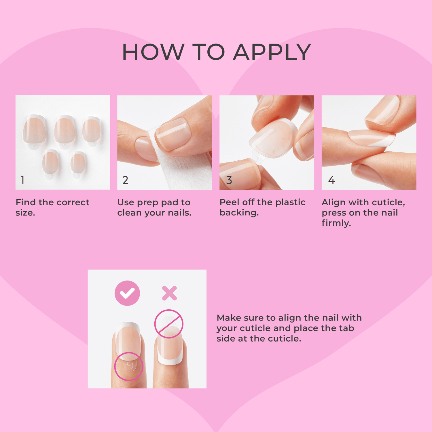 Step-by-step instructions for applying press-on nails with sizing, prep, and alignment tips.