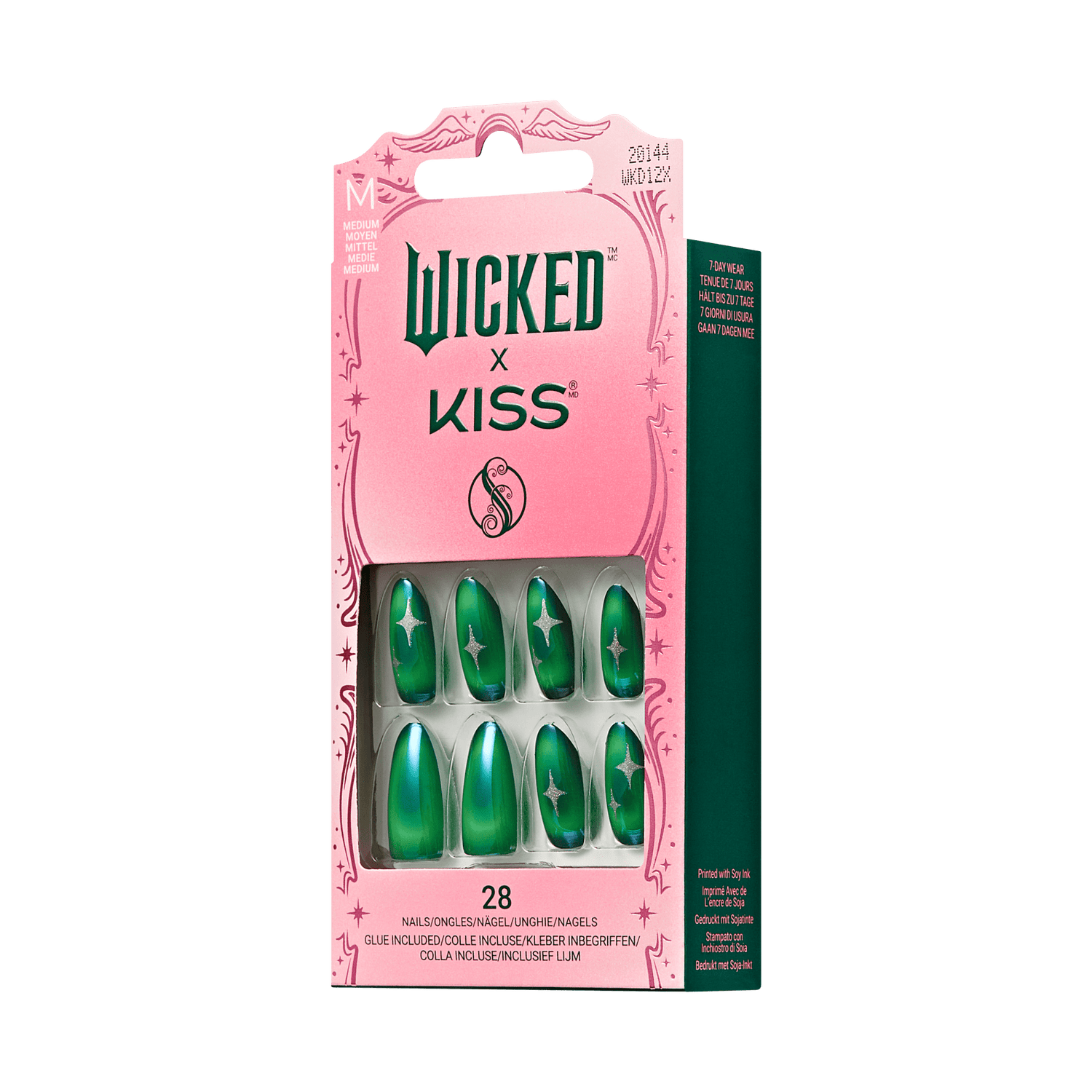 Wicked X Kiss press-on nails in green with silver star designs, medium size, packaged in a pink box with 28 nails and included glue.