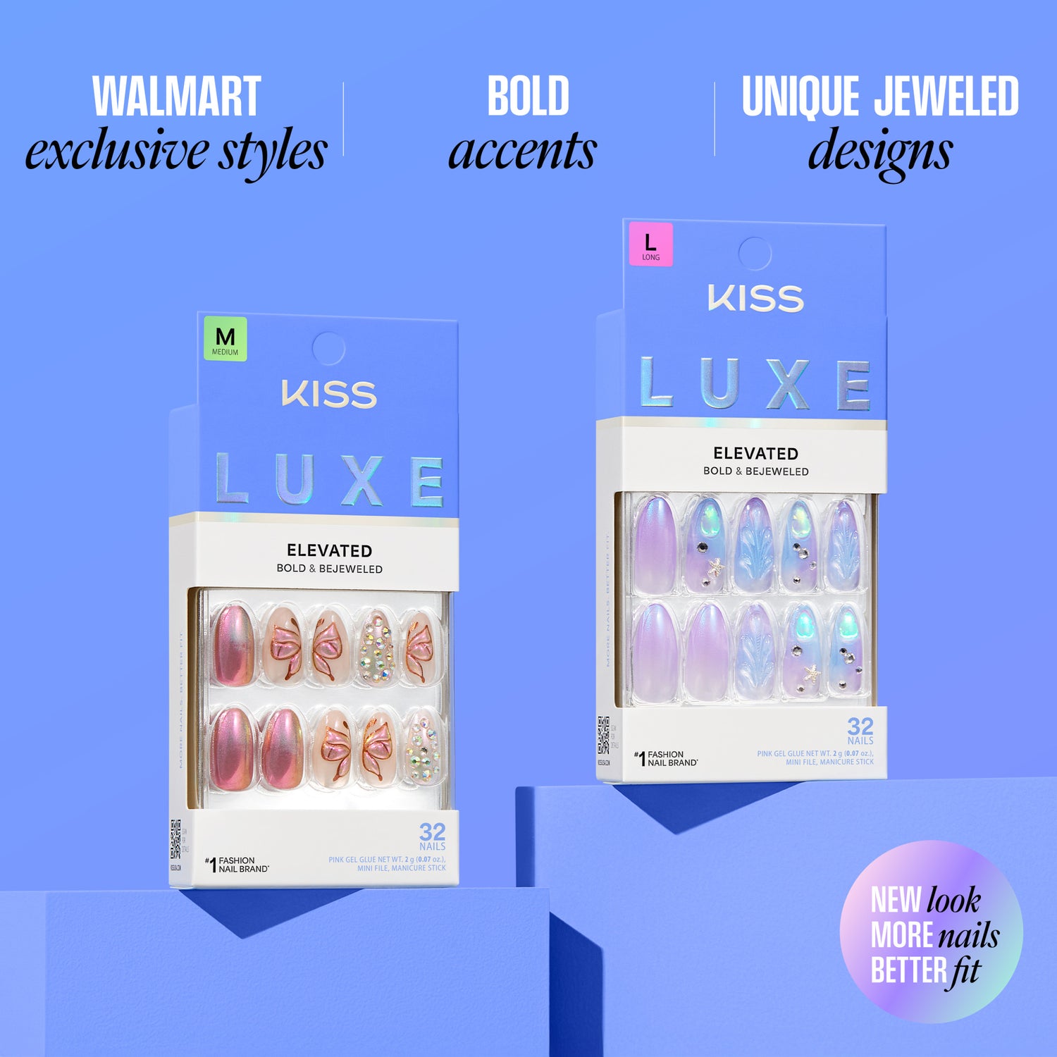 Kiss Luxe Elevated nail sets in pink and purple with bold designs and jeweled accents.