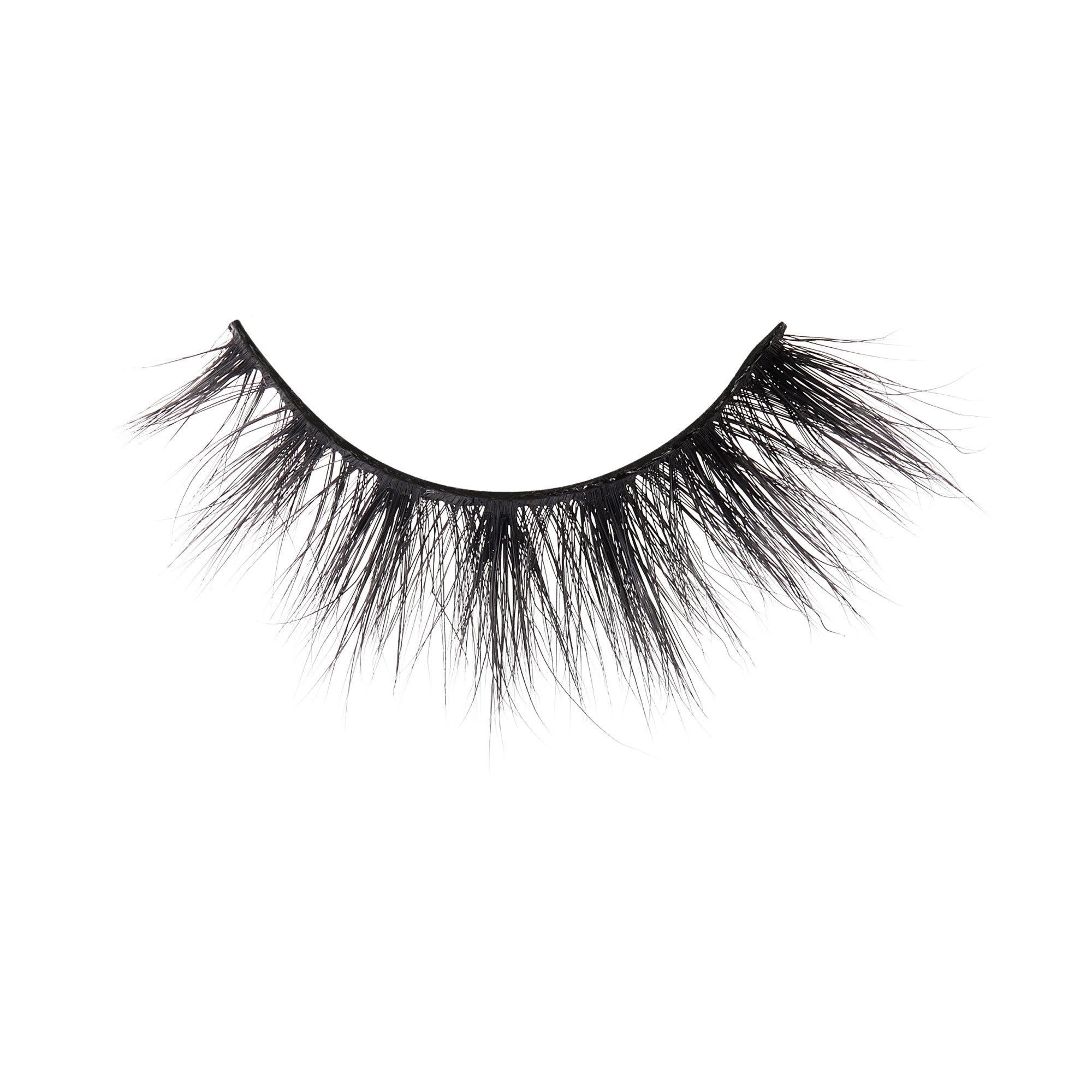 Single black false eyelash strip with wispy, feathery fibers arranged in a scattered, voluminous pattern, displayed against a white background.