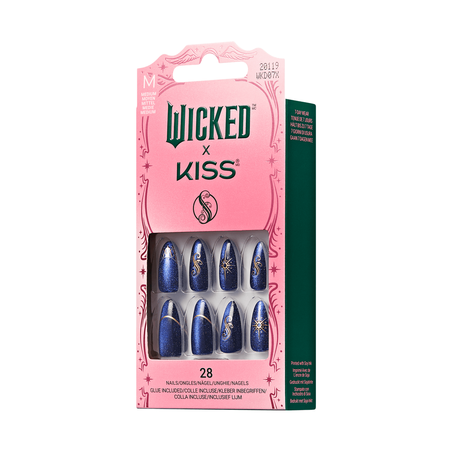 Package of medium-sized artificial nails by Wicked x Kiss in collaboration with Shiz Chemistry Club, featuring 28 navy blue nails with gold celestial designs, including stars and swirls. The pink box indicates glue is included and the nails offer 7-day wear.