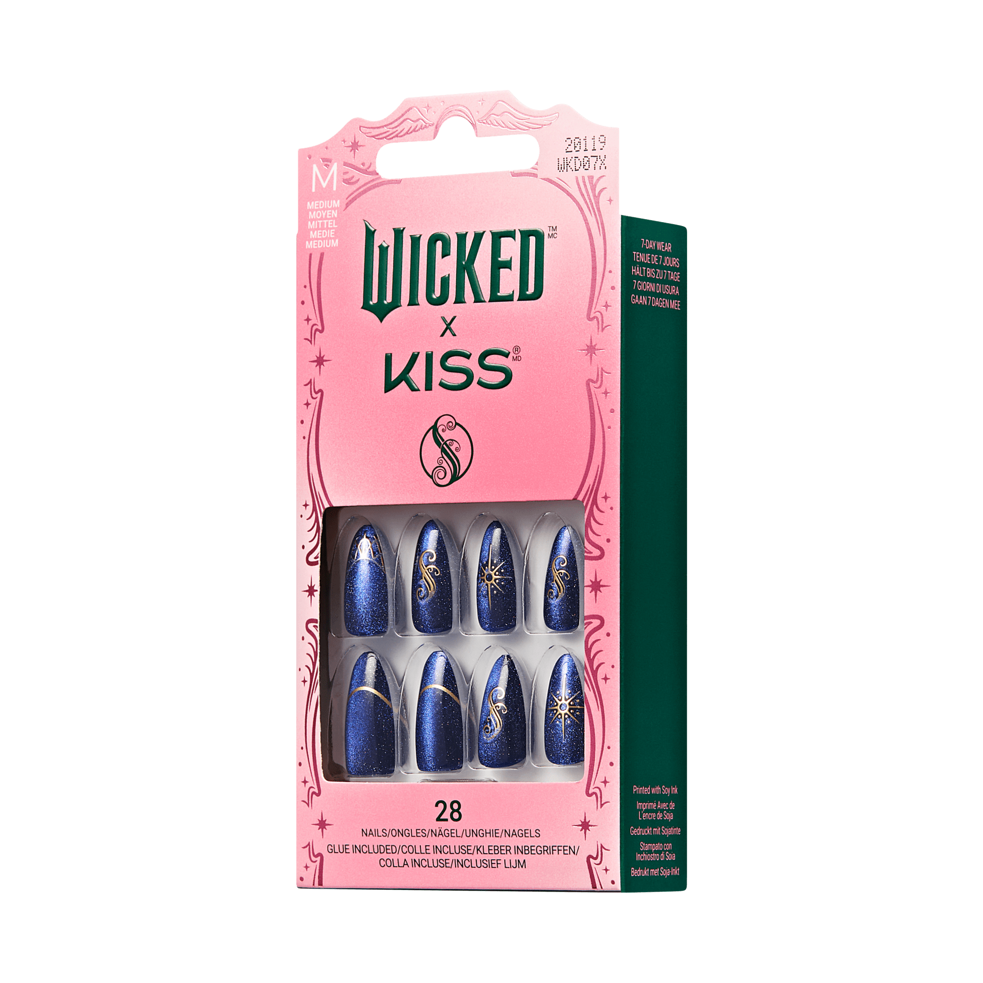 Package of medium-sized artificial nails by Wicked x Kiss in collaboration with Shiz Chemistry Club, featuring 28 navy blue nails with gold celestial designs, including stars and swirls. The pink box indicates glue is included and the nails offer 7-day wear.
