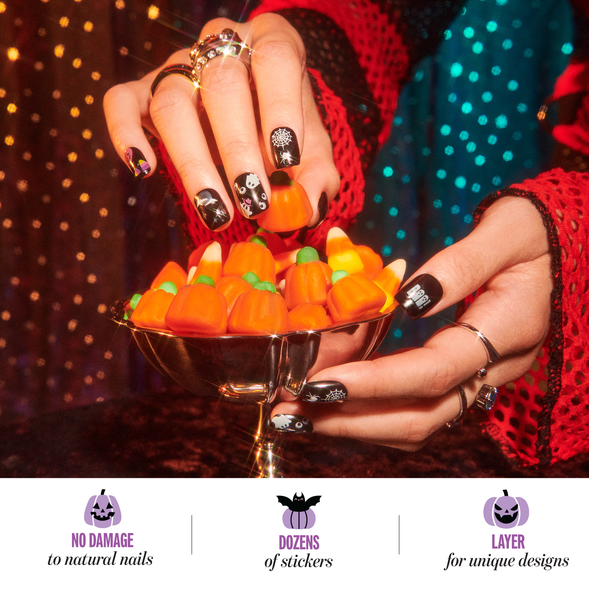 Kiss Glow-In-The-Dark Halloween Press On Fake Nail Art Stickers - Mischief | 3 Sheets, Multicolor