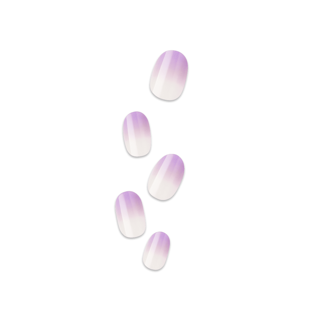 Five press-on nails with a smooth gradient design transitioning from soft lavender at the base to white at the tips.