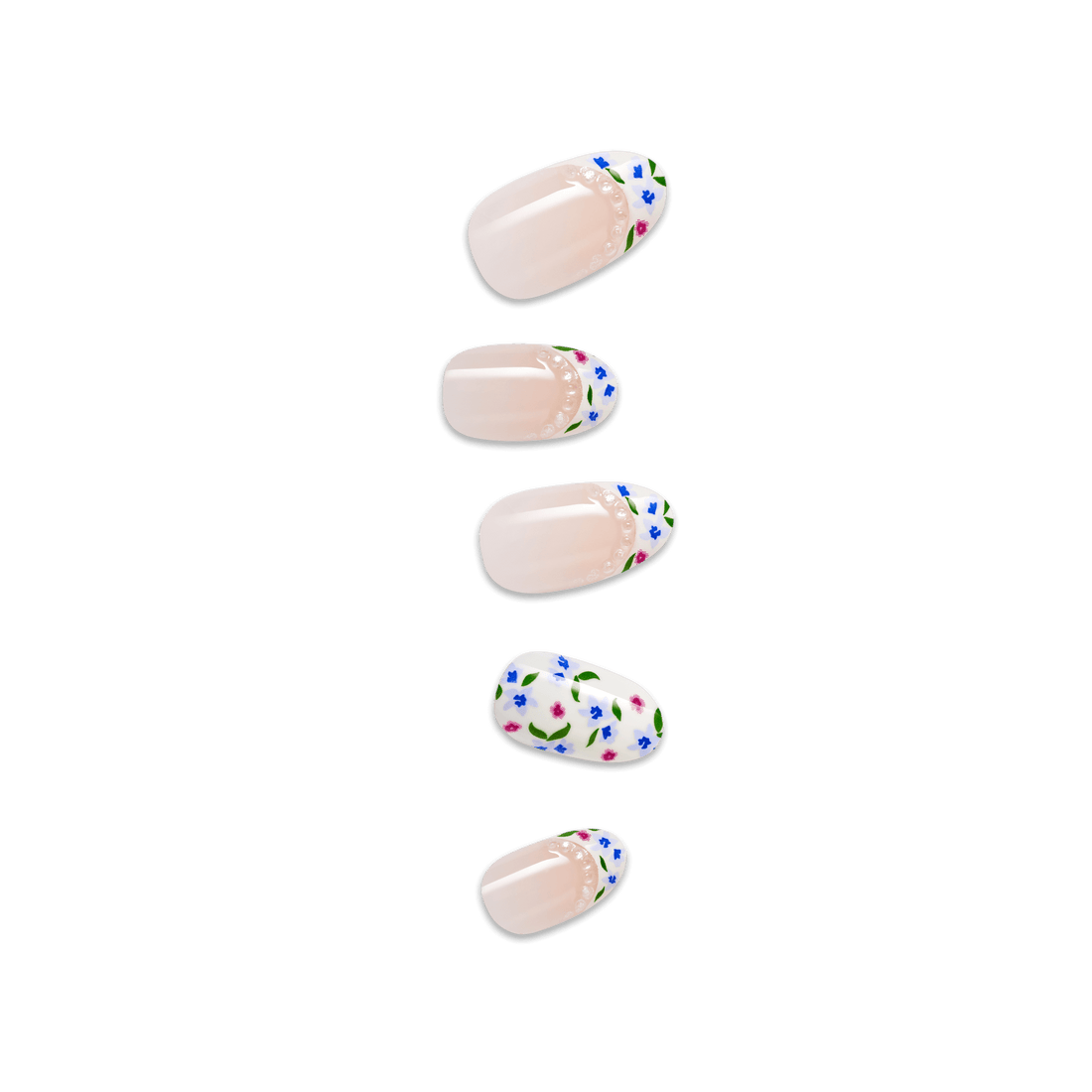 Five press-on nails with nude base and floral design featuring blue, pink, and green flowers.