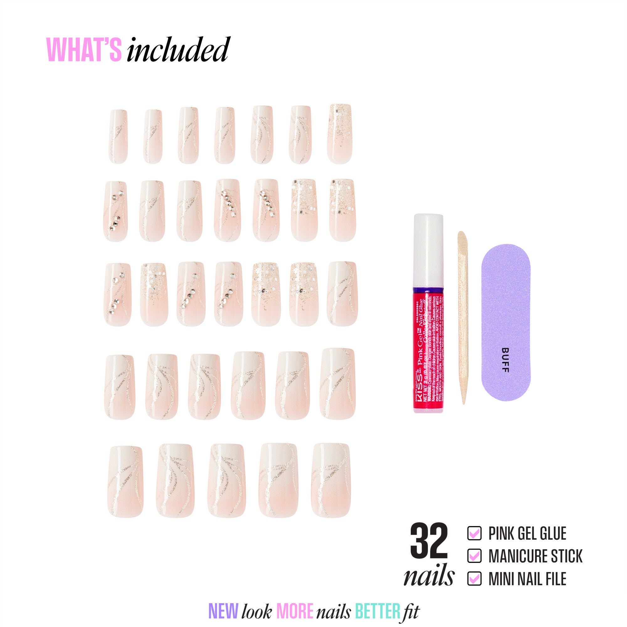 32 nude gel nails with glitter designs, pink gel glue, manicure stick, and nail file included.