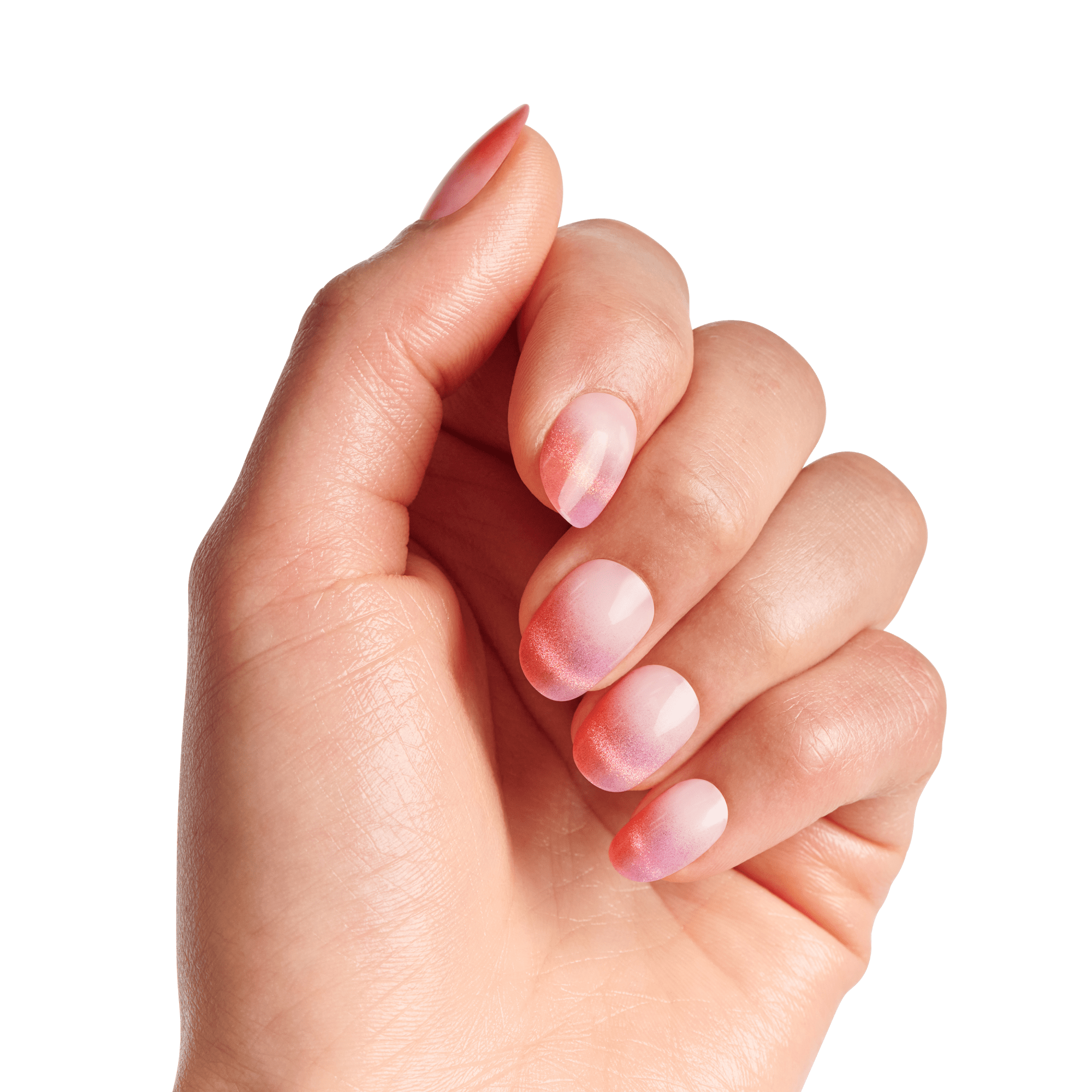 Hand with five natural-shaped nails featuring a pink to purple ombre gradient design titled \