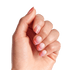 Hand with five natural-shaped nails featuring a pink to purple ombre gradient design titled \