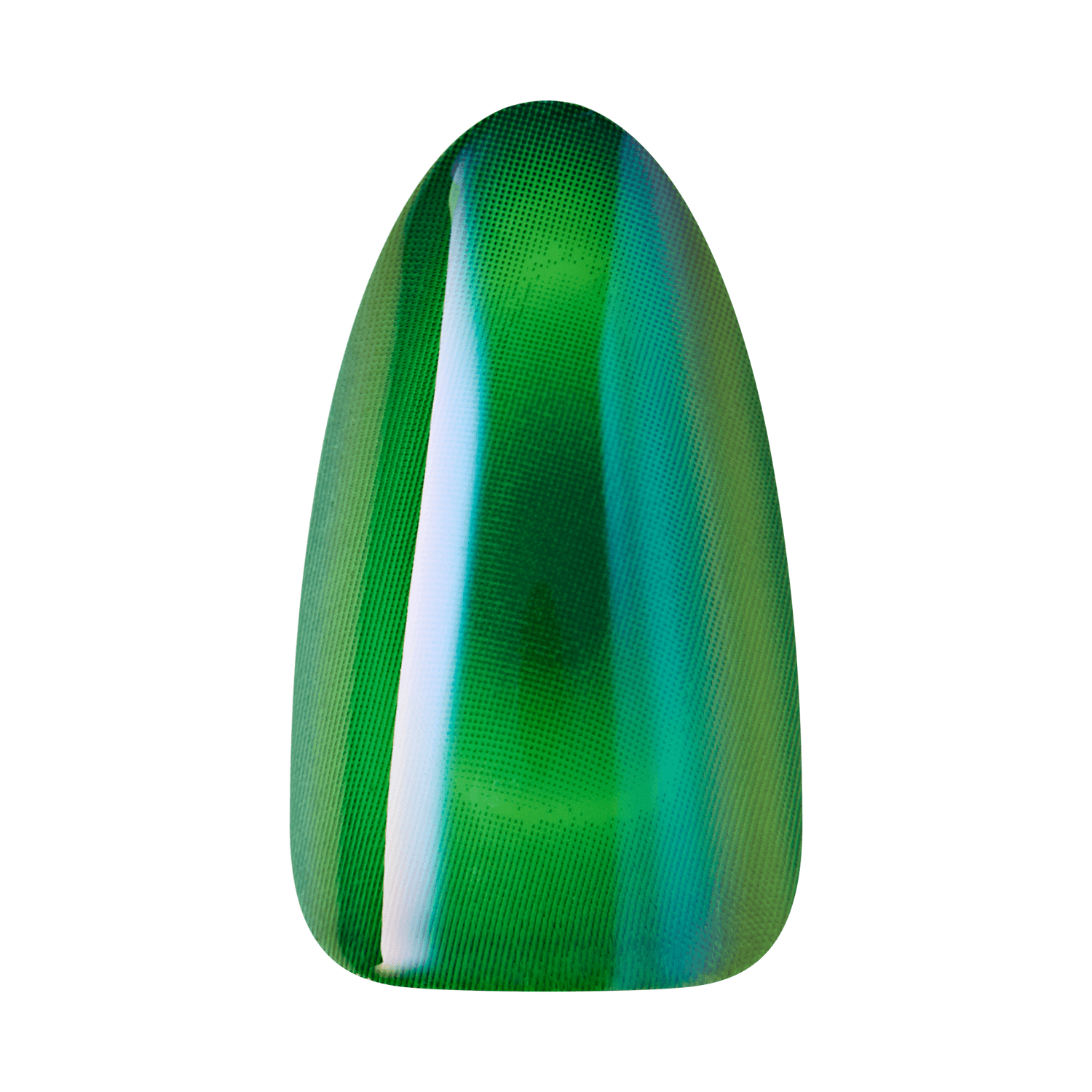 Green and blue iridescent nail polish nail tip with a smooth, shiny finish, reflecting light for a metallic look.