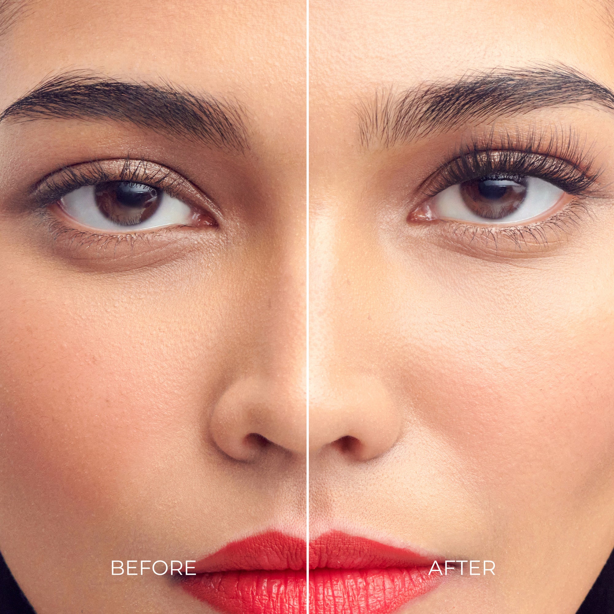 Before and after skincare treatment showing reduced under-eye darkness and improved skin texture.