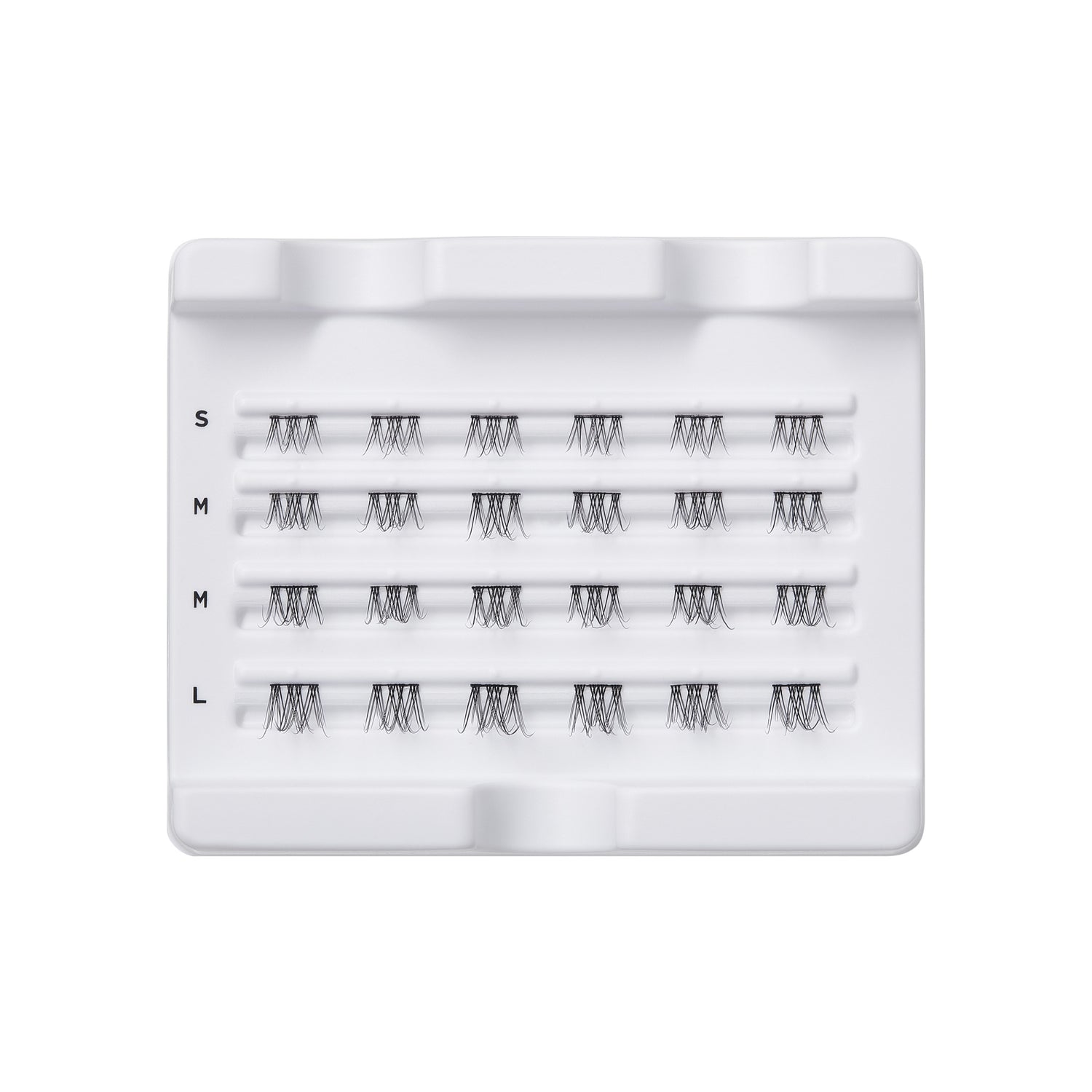White plastic tray containing 24 ultra natural black eyelash wisps in four rows labeled S, M, M, L, arranged by size from small to large.