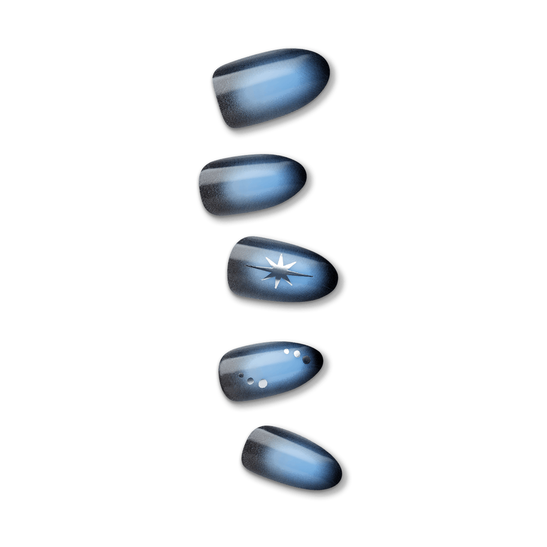 Blue ombre press-on nails with rounded tips, featuring a metallic star design on one nail and small silver dots on another.