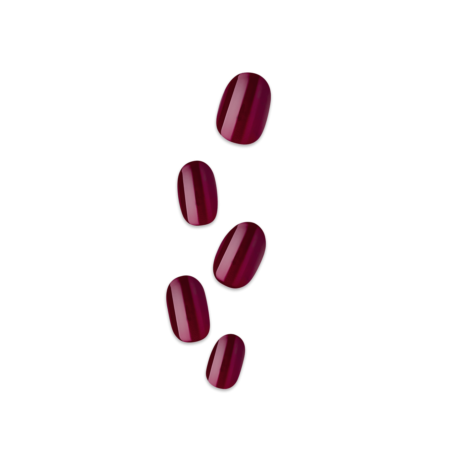 Five glossy press-on nails in a deep burgundy shade with a smooth, rounded shape, displayed against a transparent background.