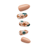 Five press-on nails arranged vertically, featuring glossy nude solid color and white nails with retro orange and teal flower designs.