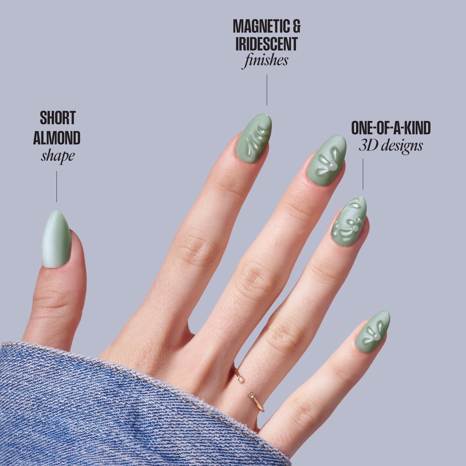 Green gel nails with 3D sculpted designs, short almond shape, magnetic iridescent finish.