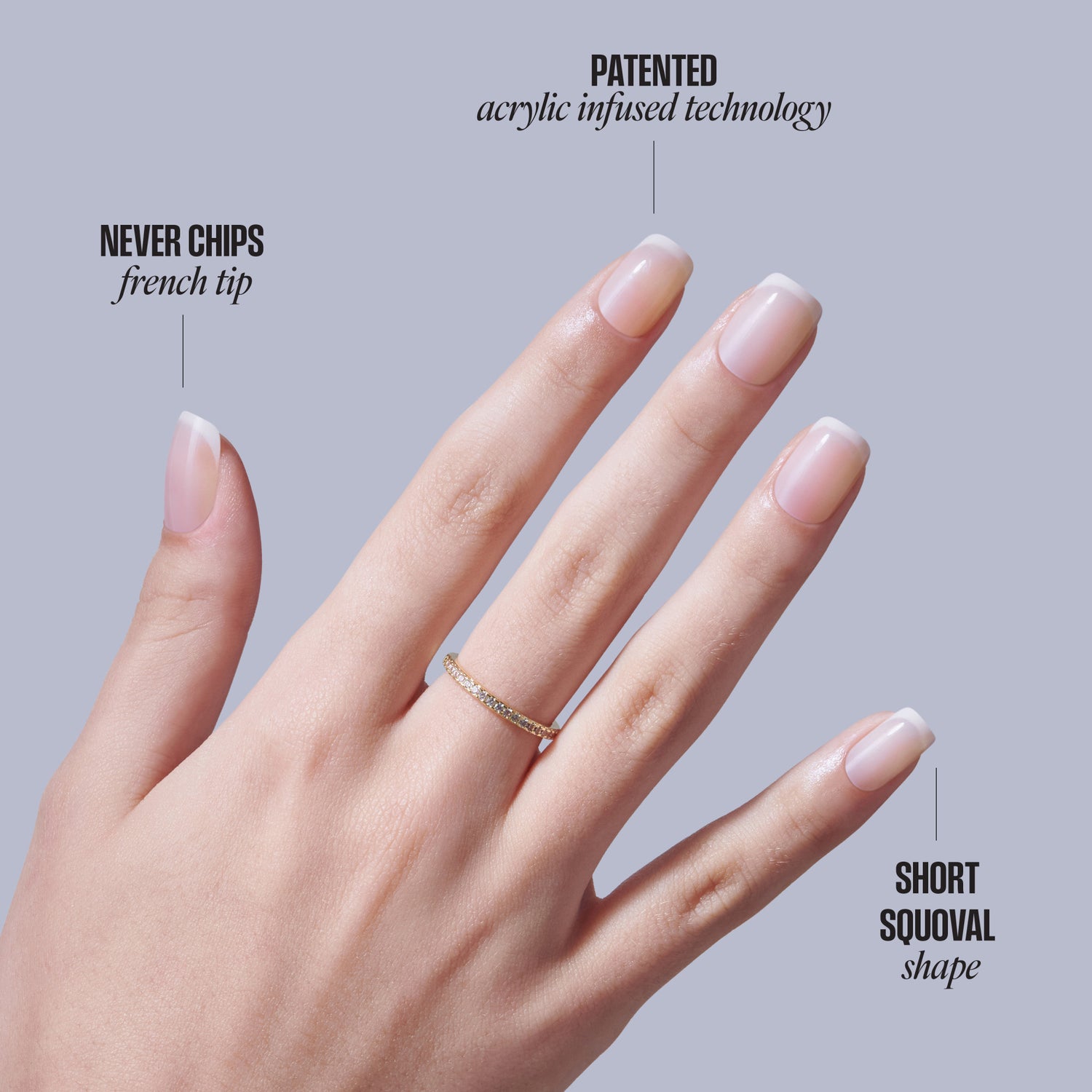 Manicured nails with French tips, acrylic infused technology, short squoval shape.