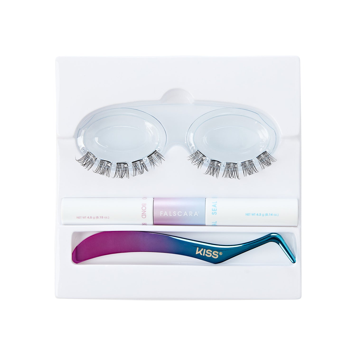 FALSCARA Starter Kit with 10 black lengthening wisps, adhesive tubes labeled \