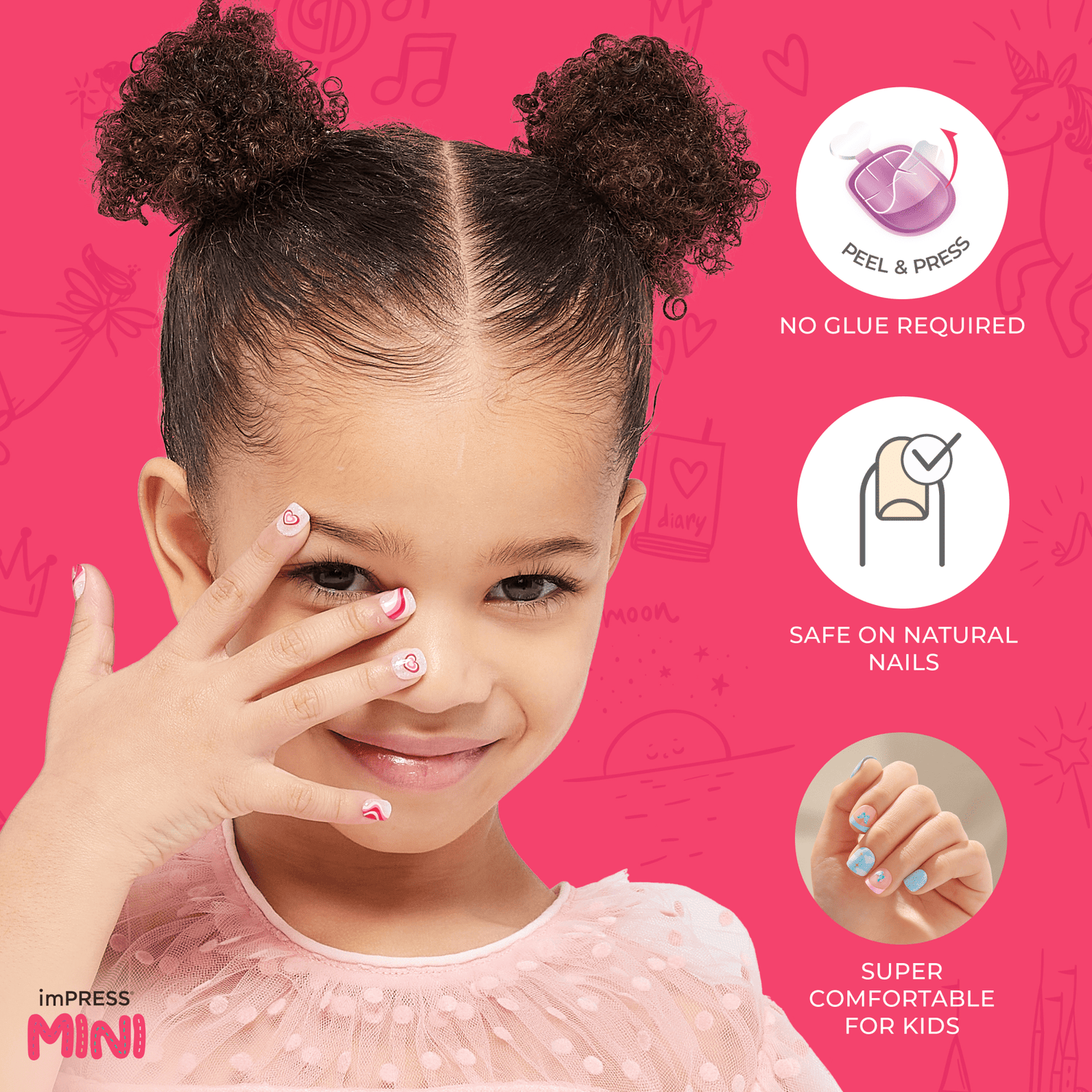 Young girl with curly hair in two buns shows pink and white press-on nails with heart and swirl designs against a pink background. Text highlights \