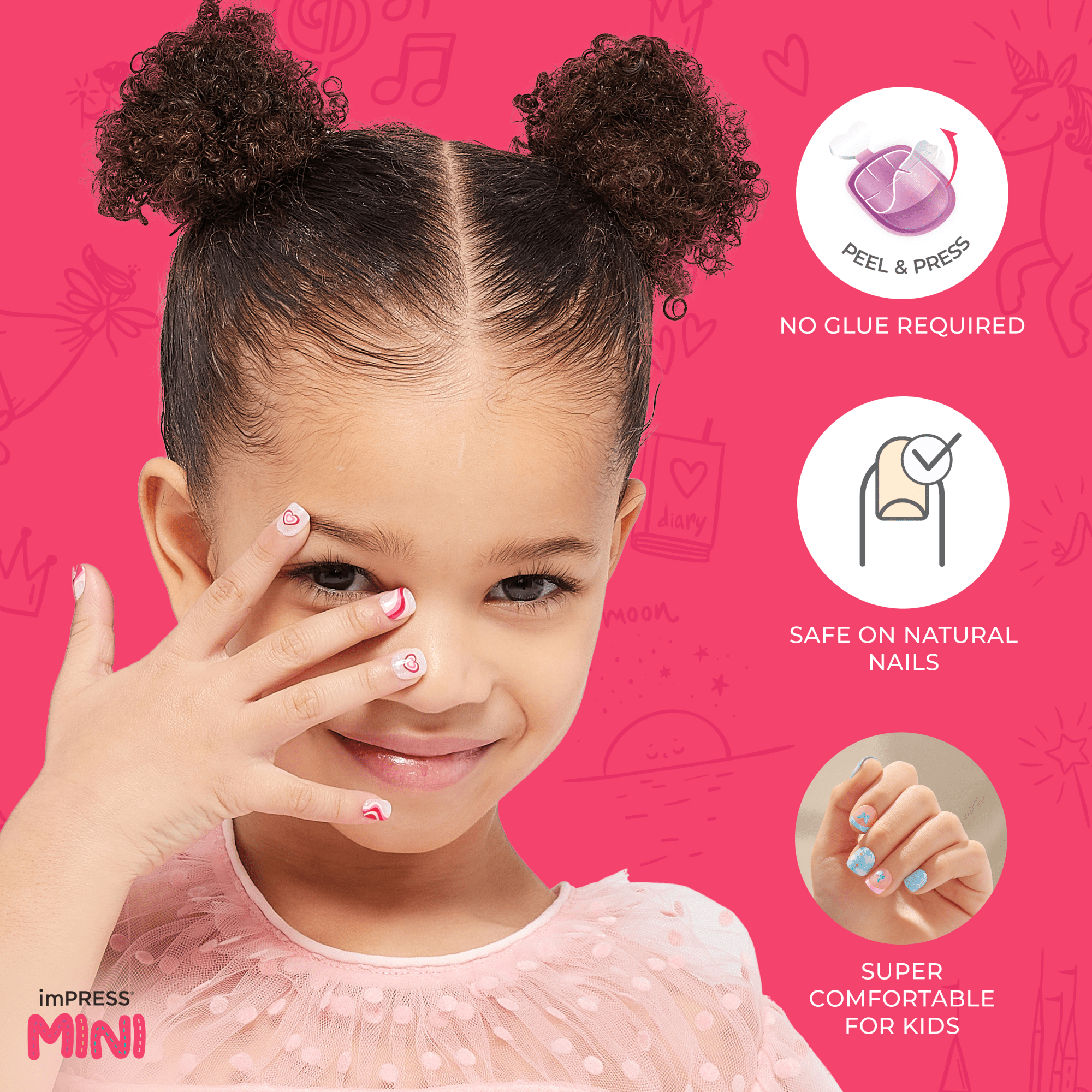 Young girl with curly hair in two buns shows pink and white press-on nails with heart and swirl designs against a pink background. Text highlights \