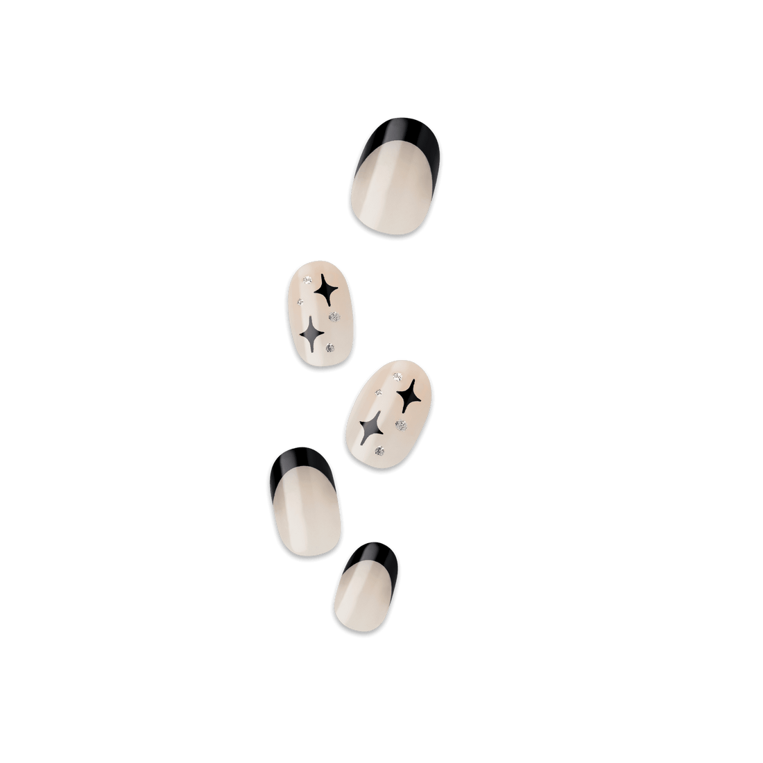 Set of six press-on nails in nude and black with two accent nails featuring black star shapes and silver glitter dots.