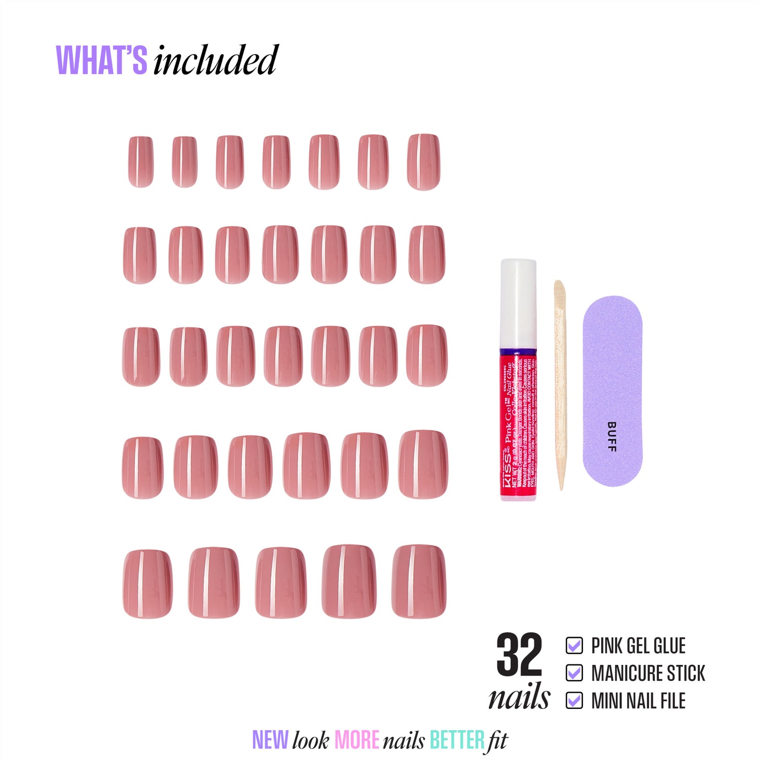 32 press-on nails in pink with gel glue, manicure stick, and nail file included.