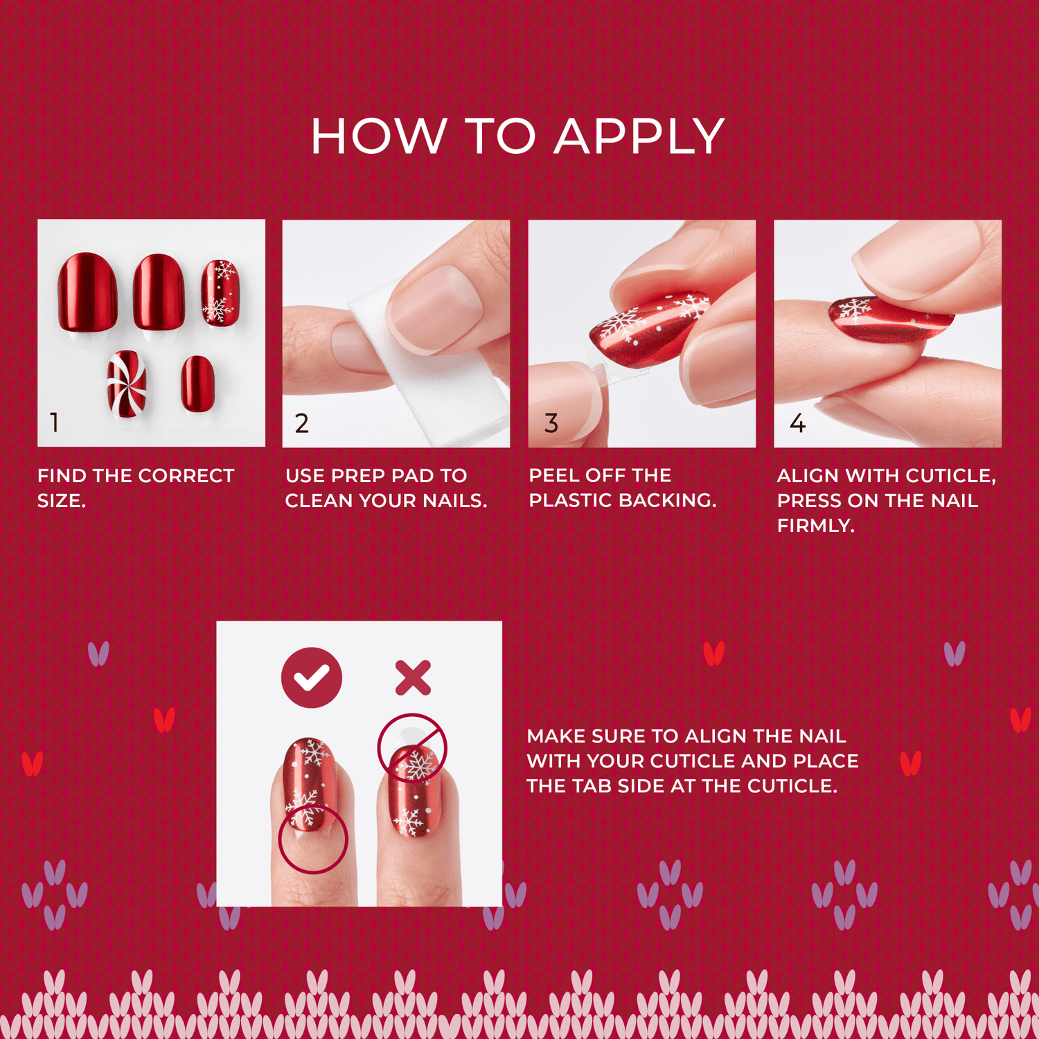 Step-by-step instructions on applying red holiday-themed press on nails with white snowflakes and candy cane designs. Steps show finding the correct size, cleaning nails with prep pad, peeling off plastic backing, and pressing nails aligned with cuticle.
