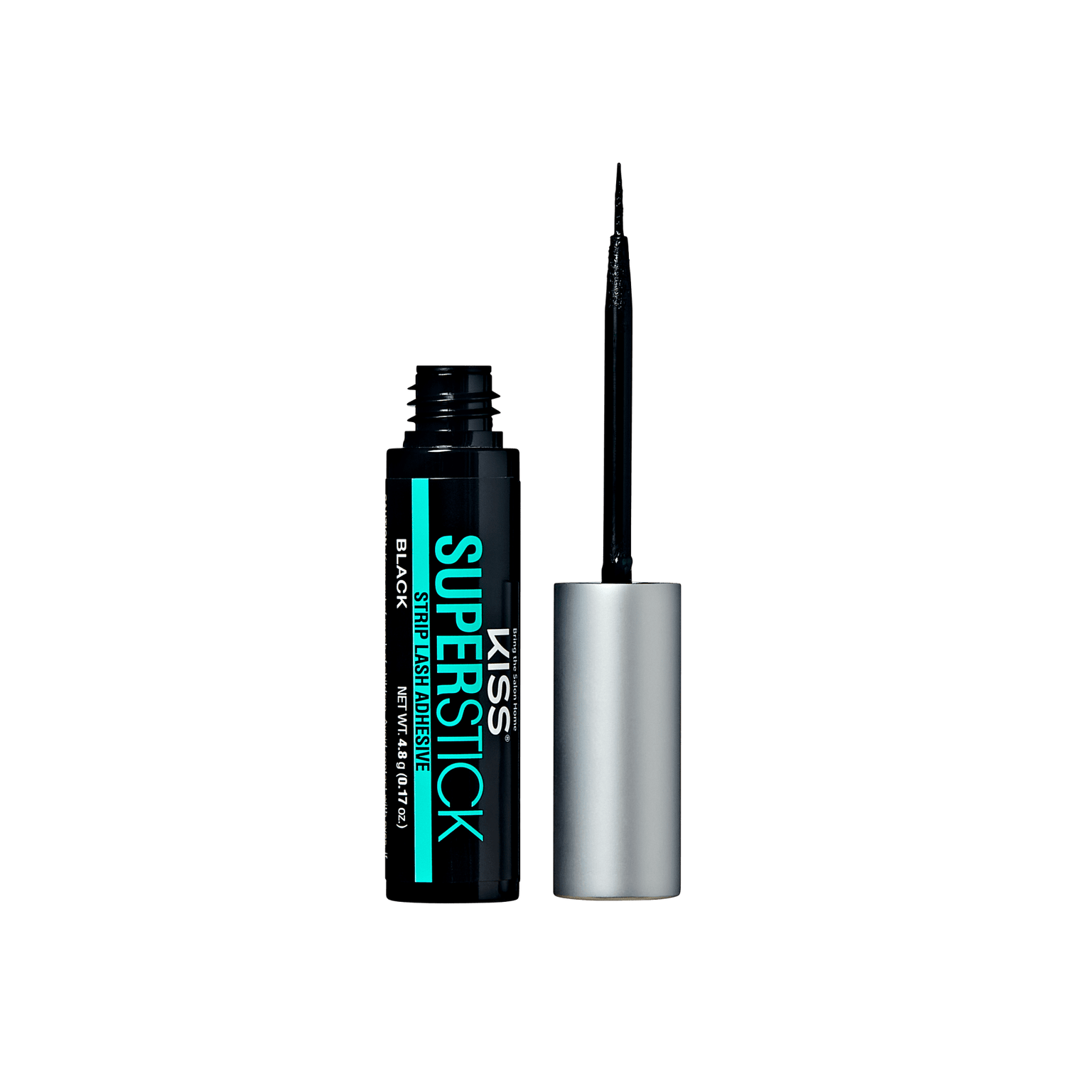 Black KISS Superstick Strip Lash Adhesive tube with silver cap removed, showing thin brush applicator and turquoise text on the label.